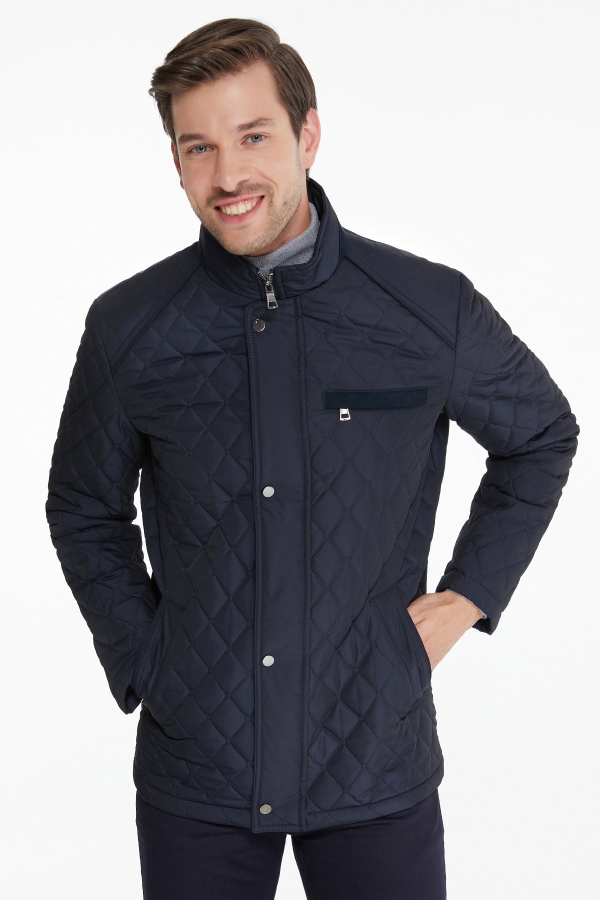 Slim Fit Navy Quilted Nivo Nebraska Coat - SAYKI