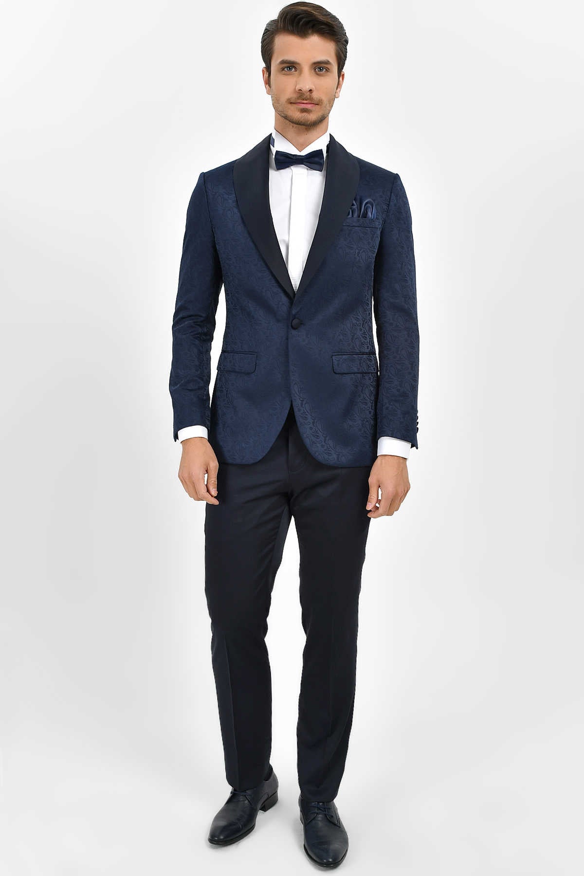 Slim Fit Navy Release Shawl Lapel Patterned Classic Tuxedo