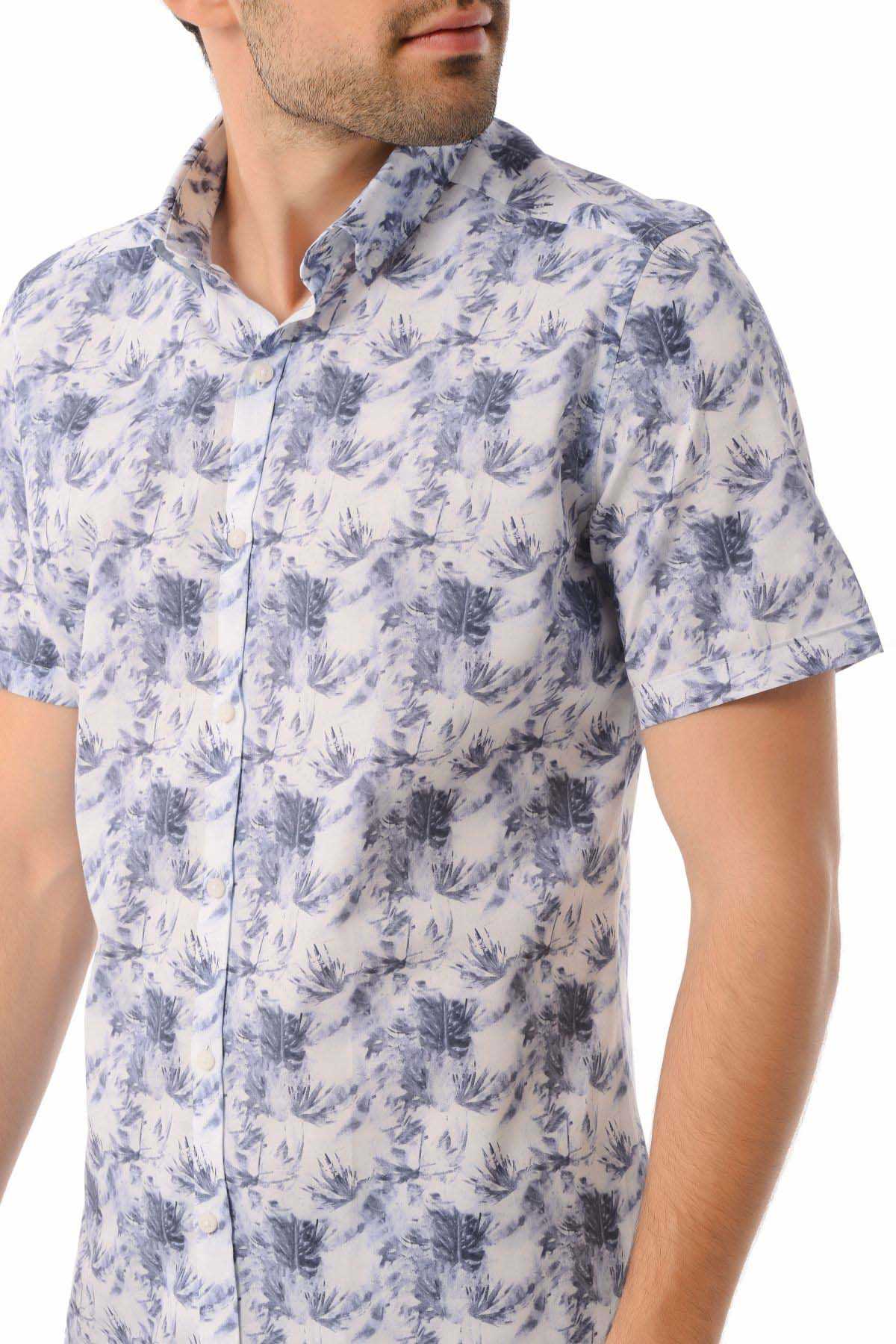 Slim Fit Navy Short Sleeve Printed Cotton Casual Shirt - MIB