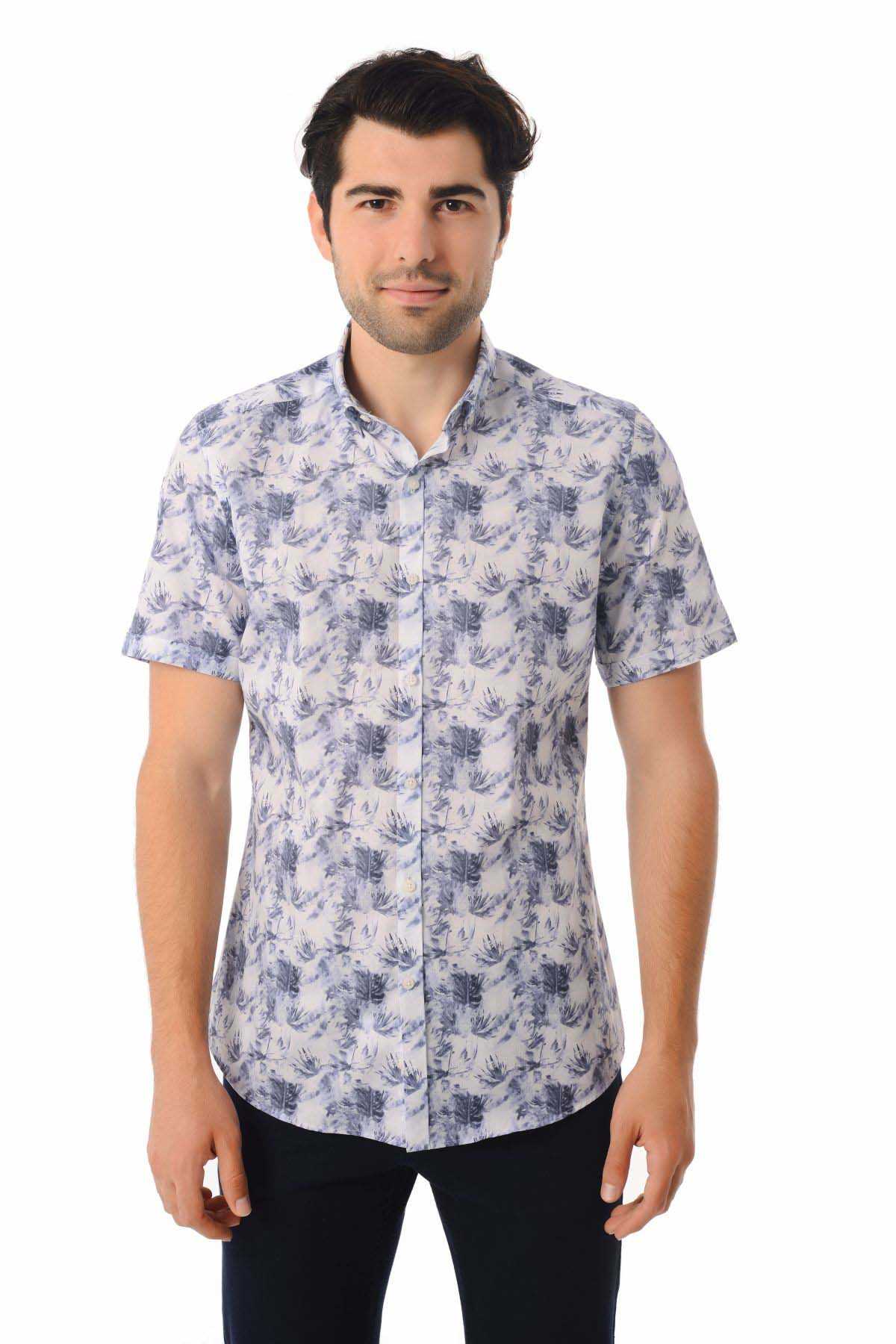 Slim Fit Navy Short Sleeve Printed Cotton Casual Shirt - MIB