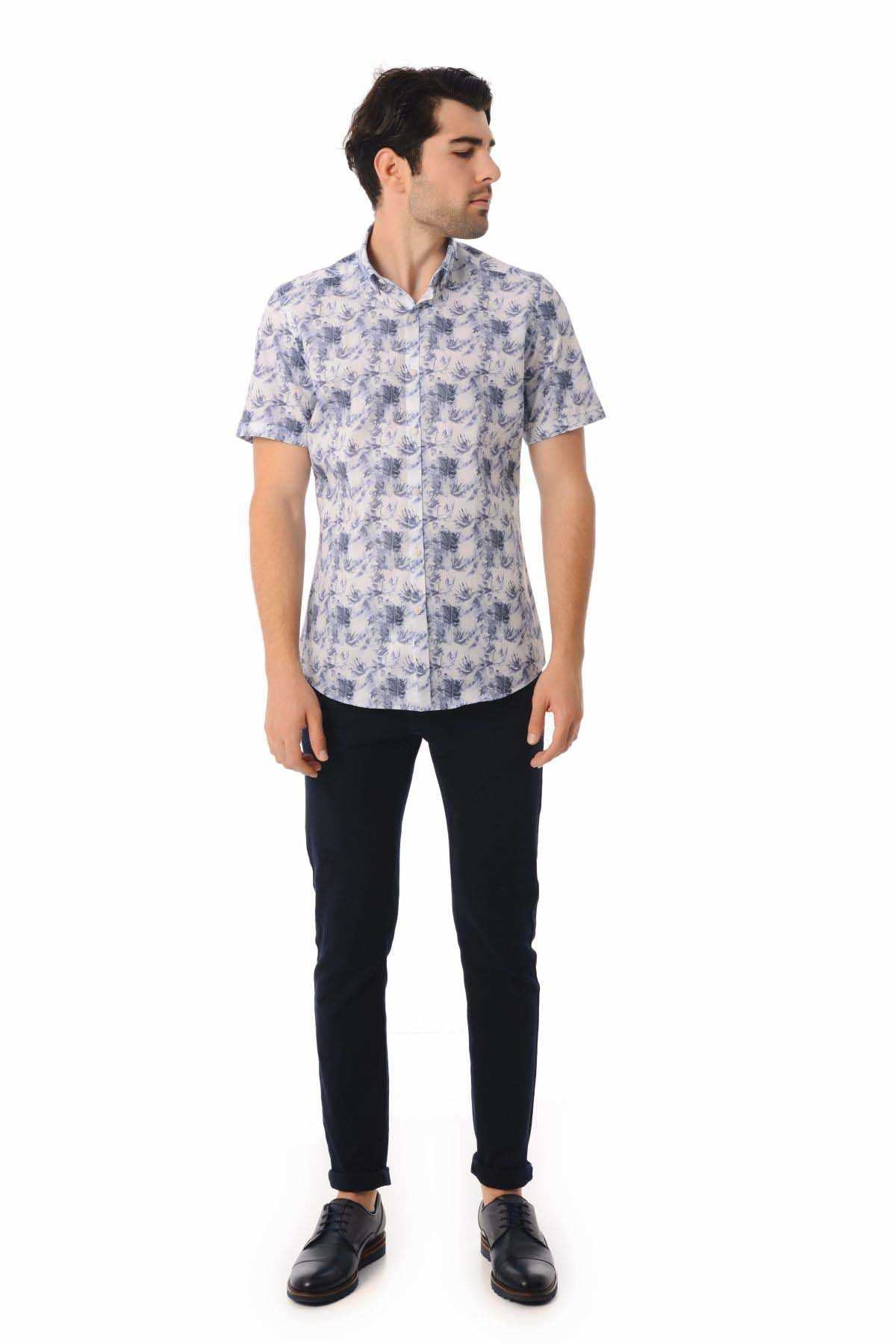 Slim Fit Navy Short Sleeve Printed Cotton Casual Shirt - MIB