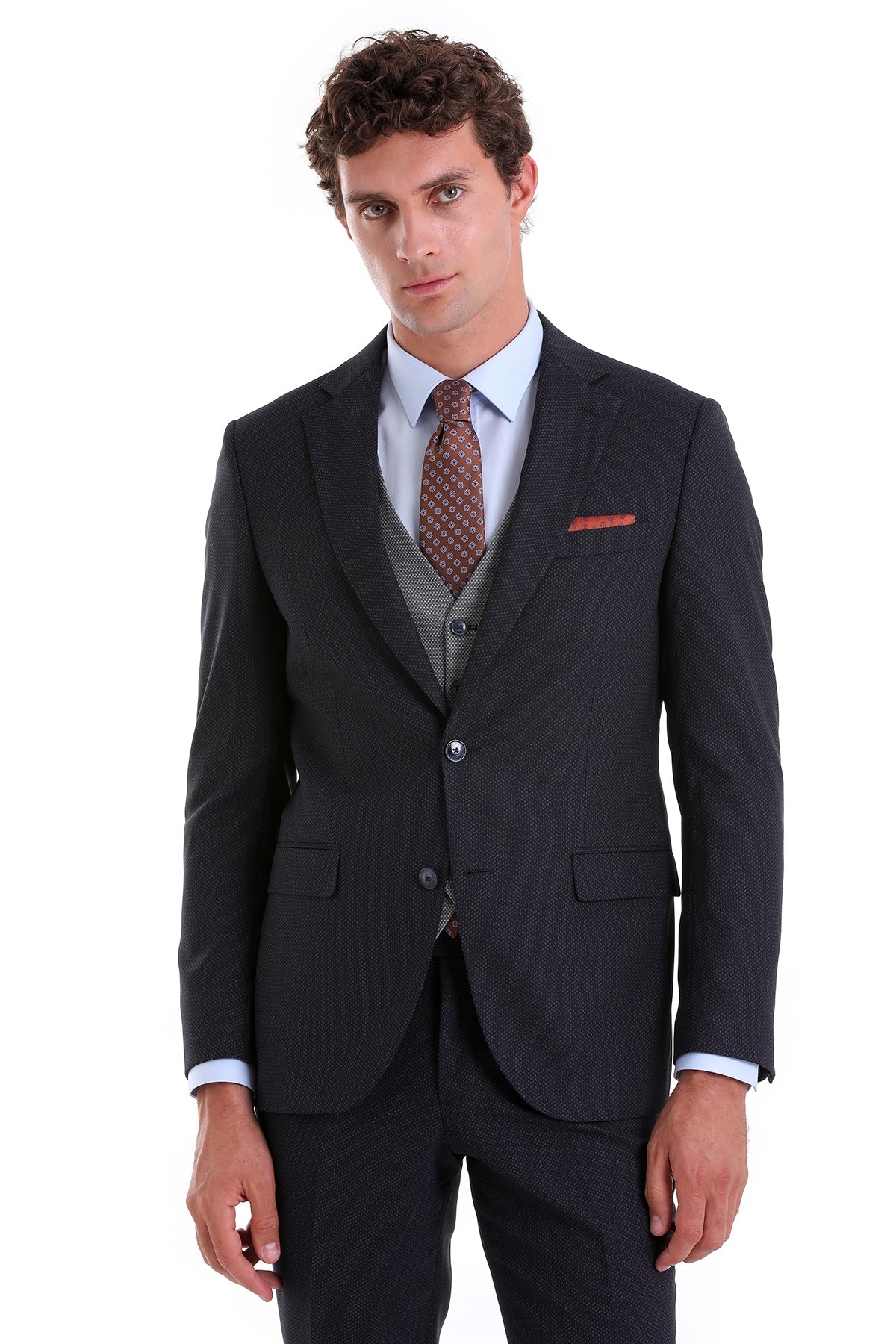 Slim Fit Navy Wool Blend Casual Suit with Vest - MIB