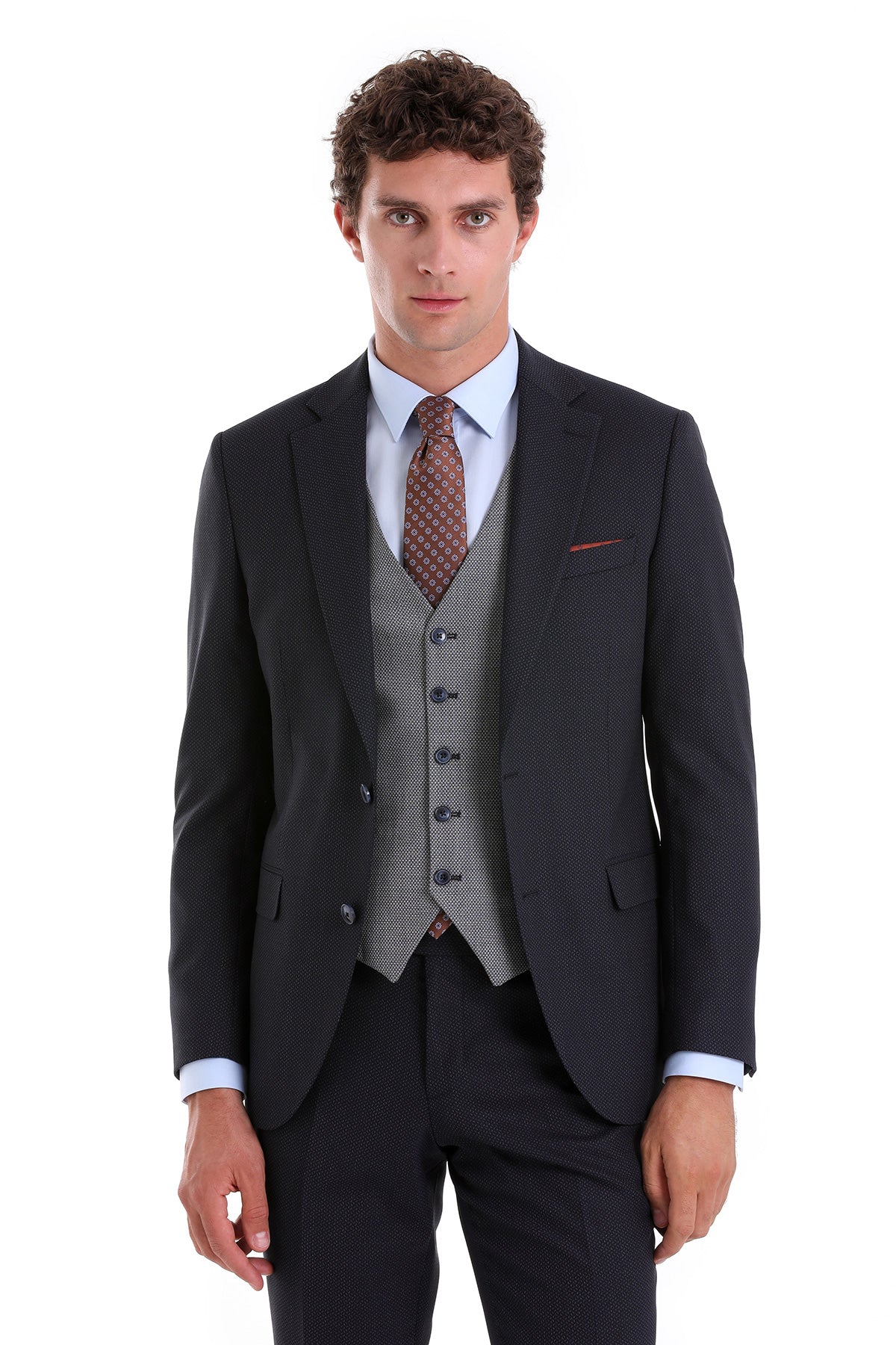 Slim Fit Navy Wool Blend Casual Suit with Vest - MIB