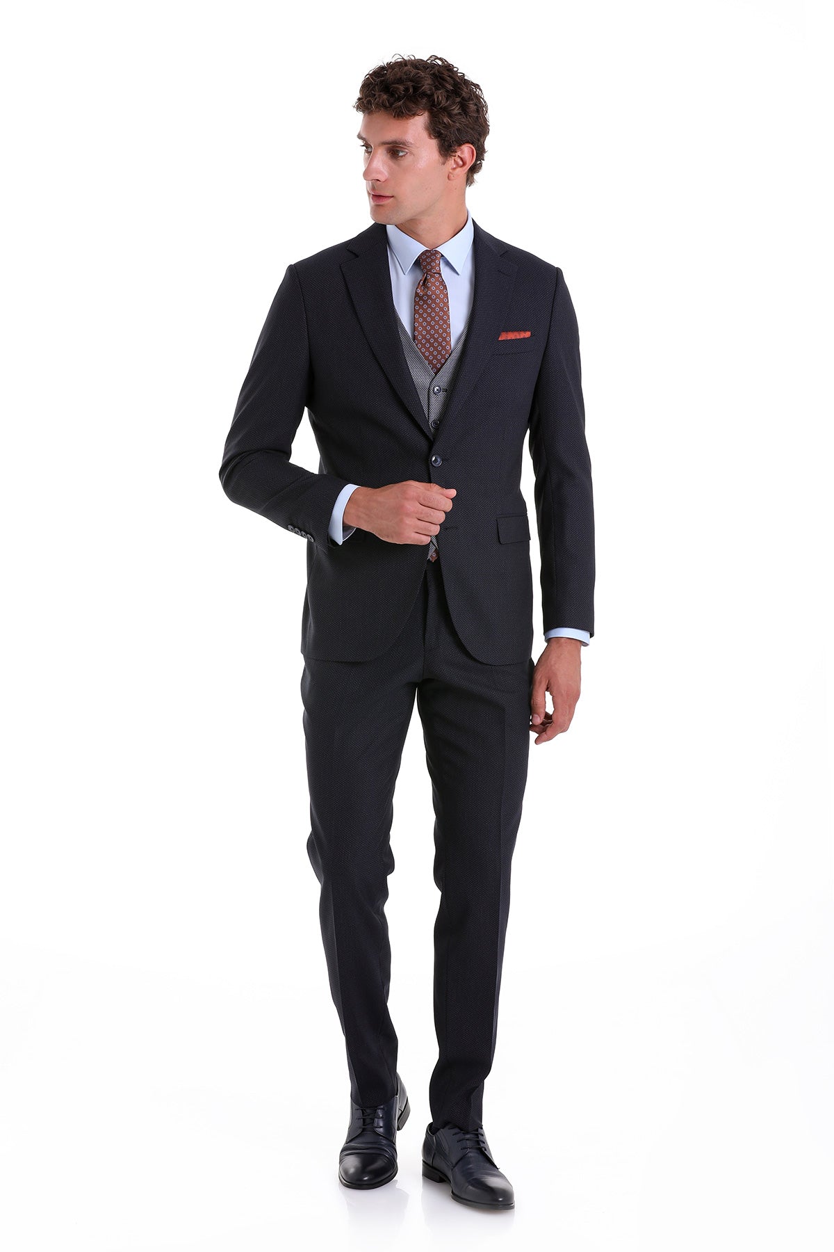 Slim Fit Navy Wool Blend Casual Suit with Vest - MIB