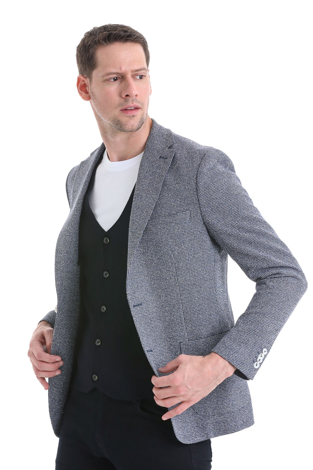 Slim Fit Notch Lapel 100% Wool Navy Classic Blazer - Sayki