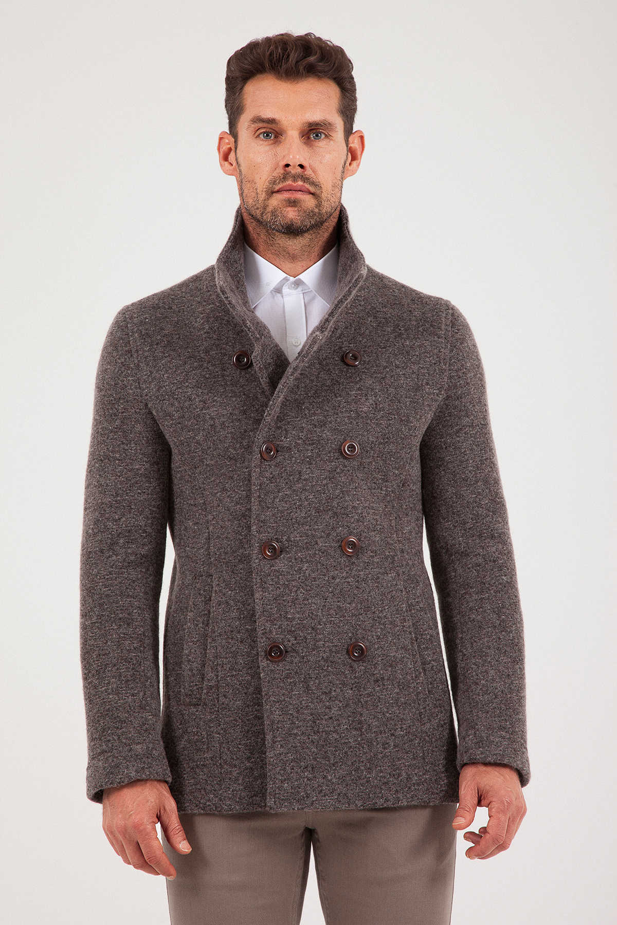 Slim Fit Notch Lapel Alpine Wool Gray Overcoat Brown - MIB