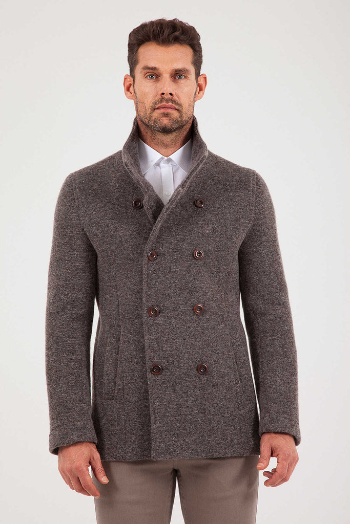 Slim Fit Notch Lapel Alpine Wool Gray Overcoat Brown - MIB