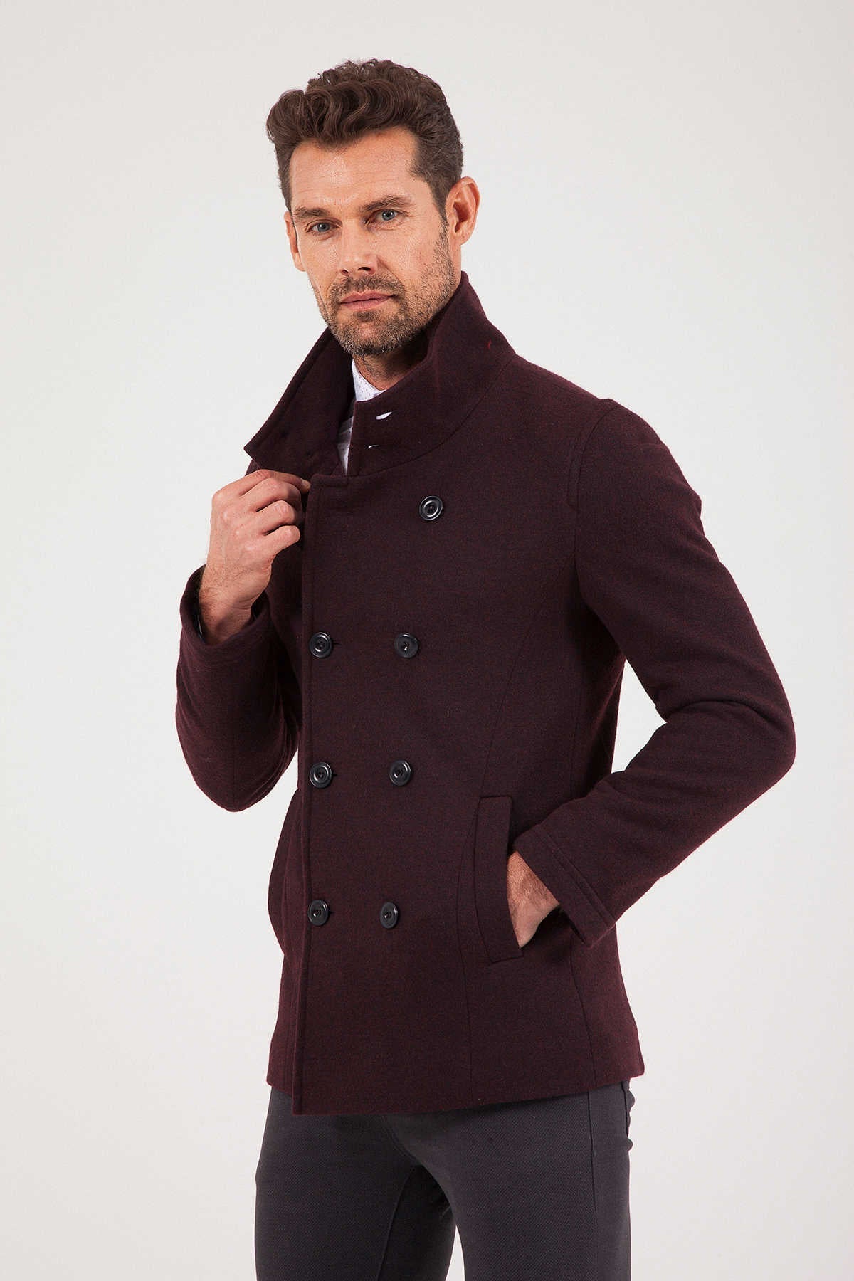 Slim Fit Notch Lapel Alpine Wool Gray Overcoat Burgundy