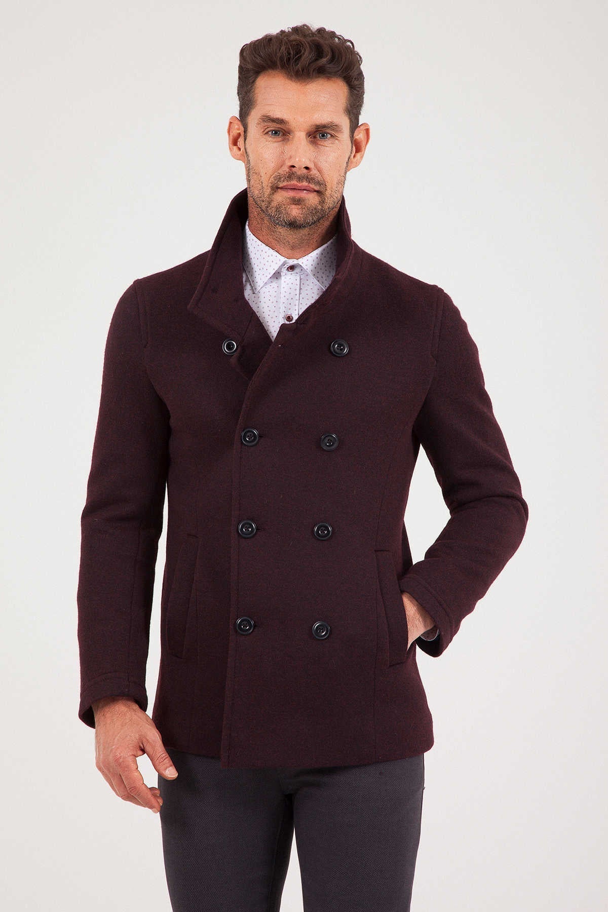 Slim Fit Notch Lapel Alpine Wool Gray Overcoat Burgundy