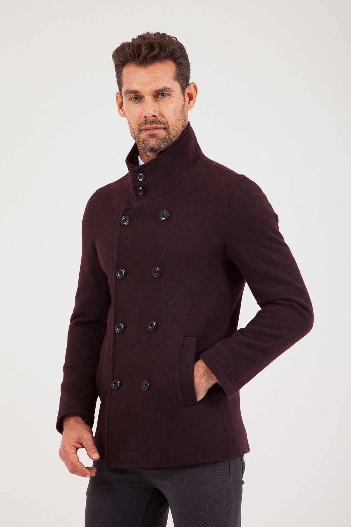 Slim Fit Notch Lapel Alpine Wool Gray Overcoat Burgundy