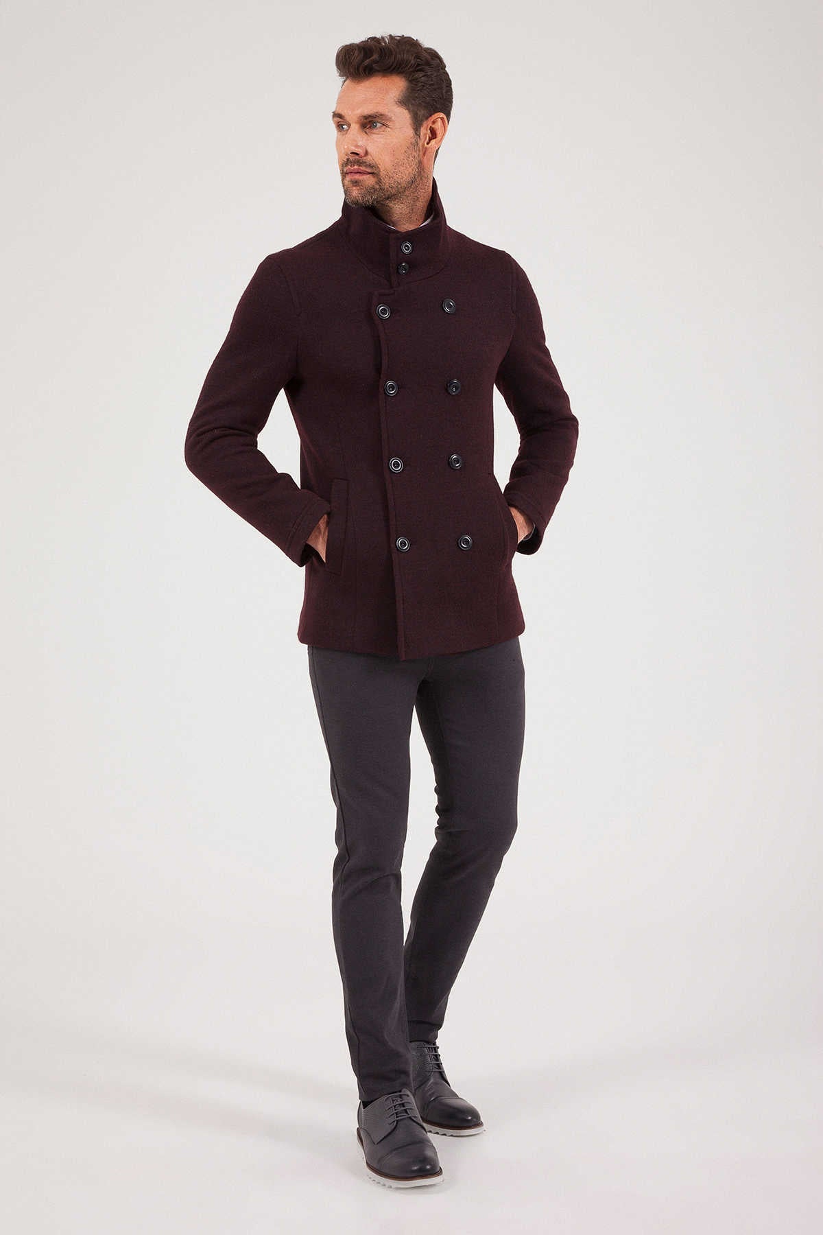 Slim Fit Notch Lapel Alpine Wool Gray Overcoat Burgundy