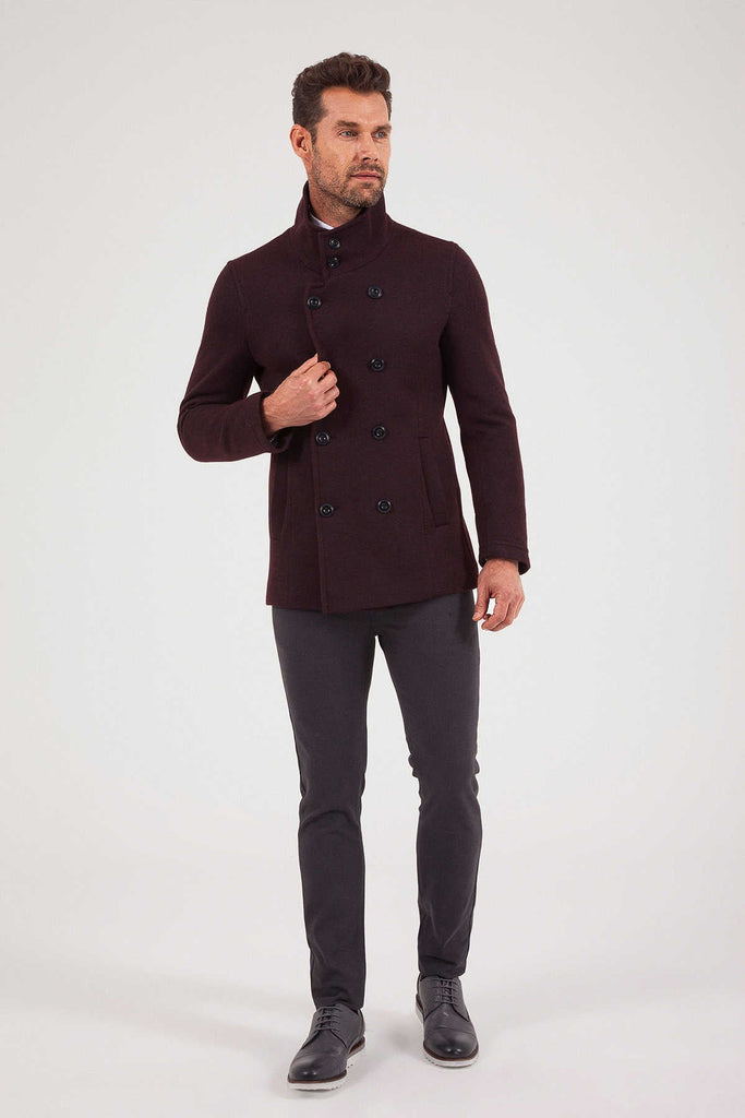 Slim Fit Notch Lapel Alpine Wool Gray Overcoat Burgundy