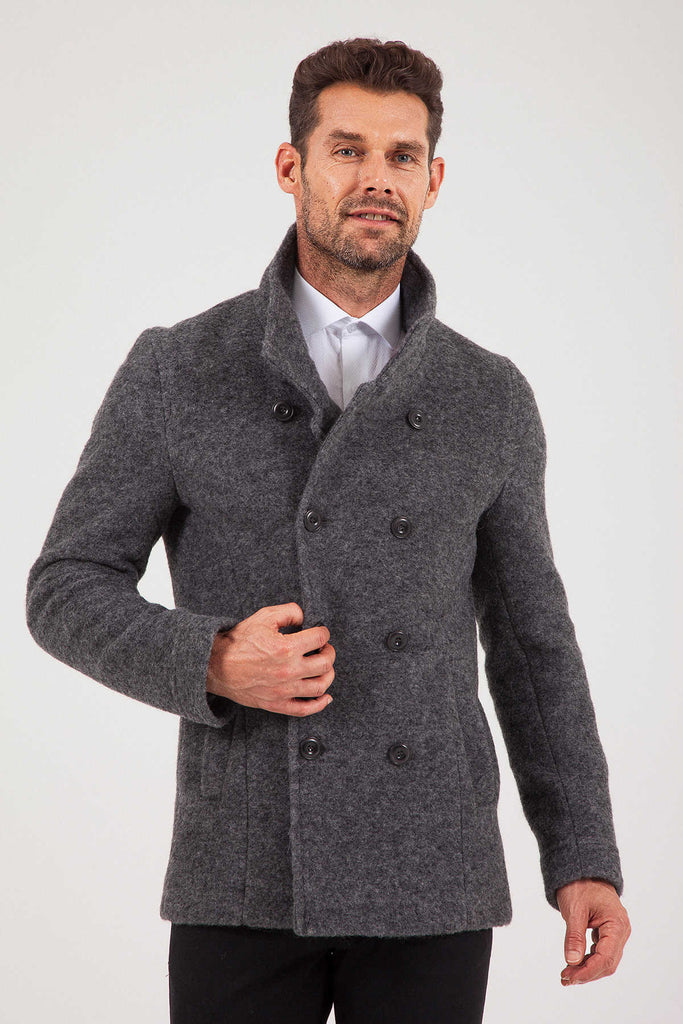 Slim Fit Notch Lapel Alpine Wool Gray Overcoat Dark Gray