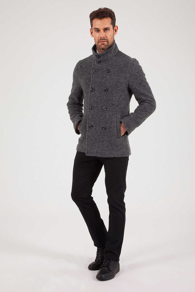 Slim Fit Notch Lapel Alpine Wool Gray Overcoat Dark Gray