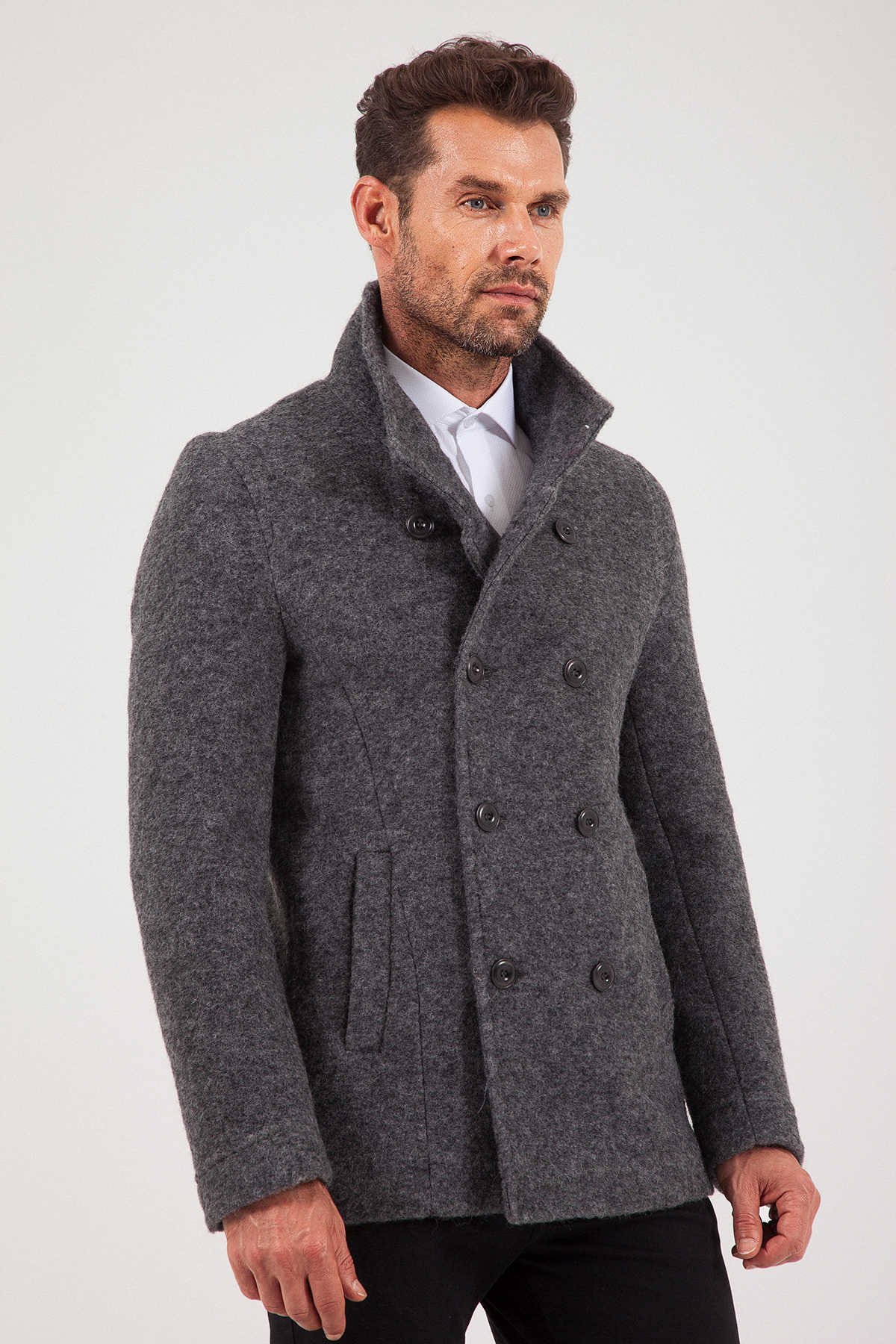 Slim Fit Notch Lapel Alpine Wool Gray Overcoat Dark Gray