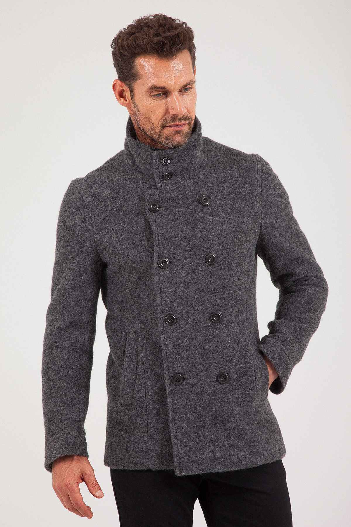 Slim Fit Notch Lapel Alpine Wool Gray Overcoat Dark Gray