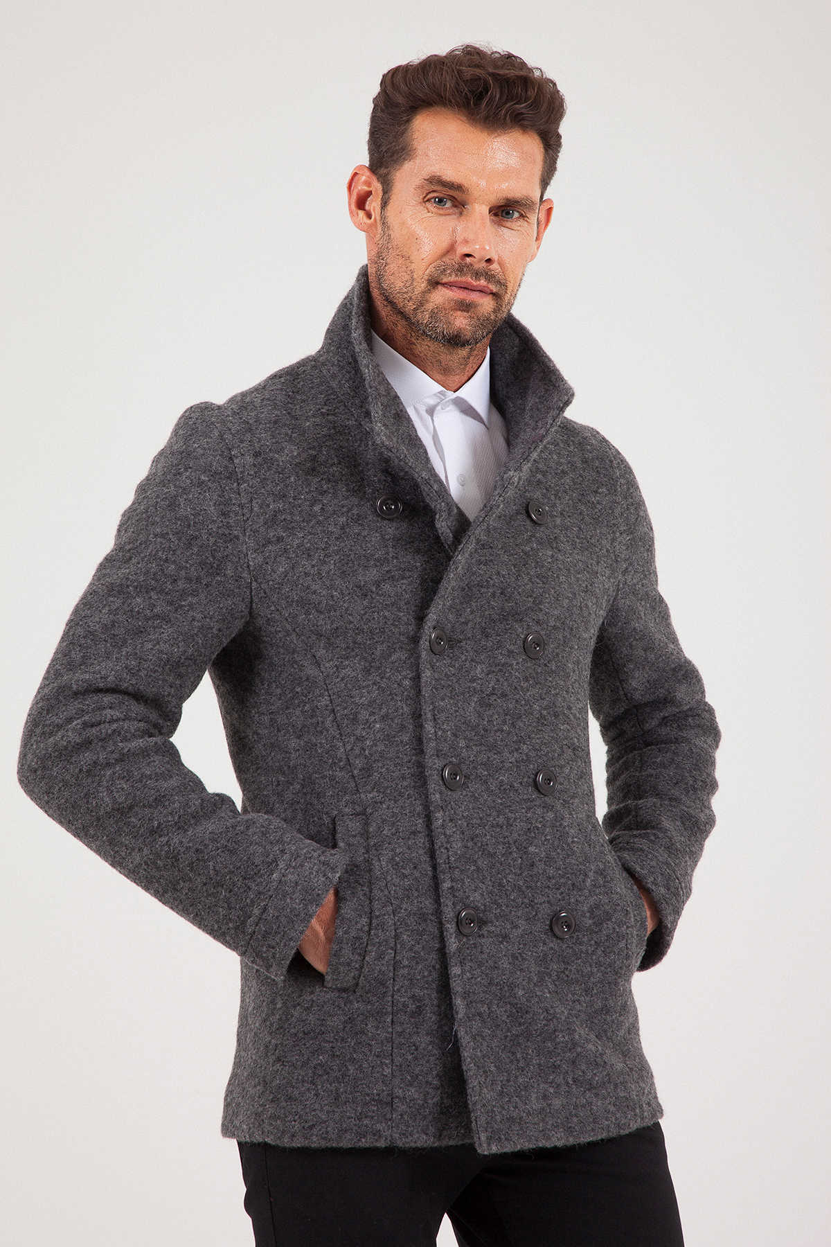 Slim Fit Notch Lapel Alpine Wool Gray Overcoat Dark Gray