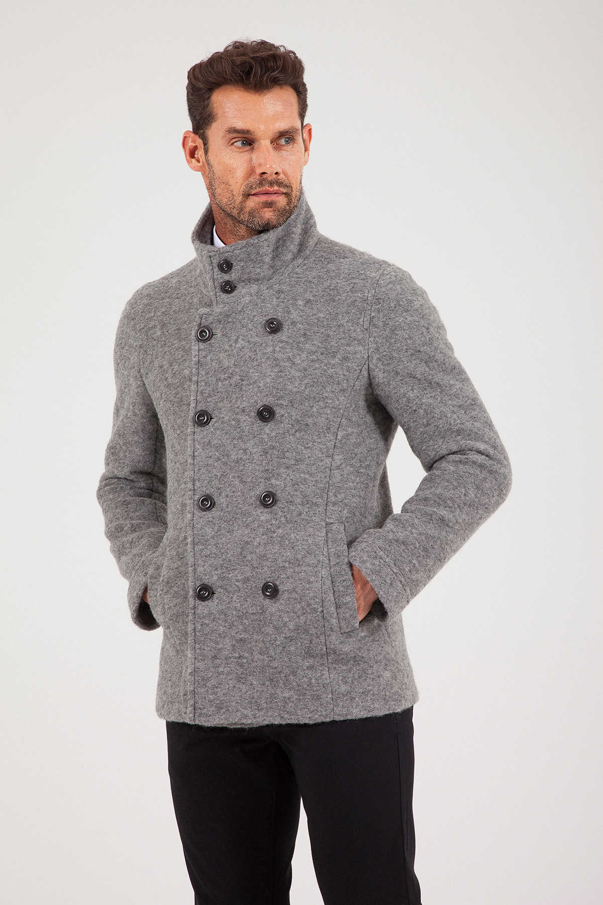 Slim Fit Notch Lapel Alpine Wool Gray Overcoat Gray - MIB