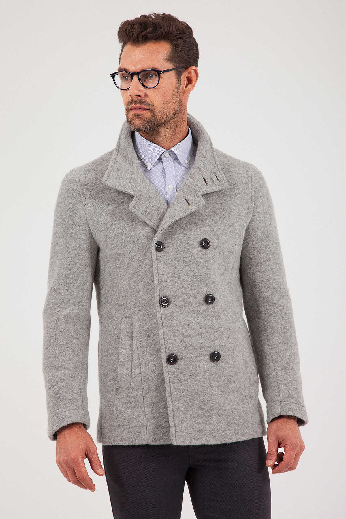 Slim Fit Notch Lapel Alpine Wool Gray Overcoat Light Gray 7