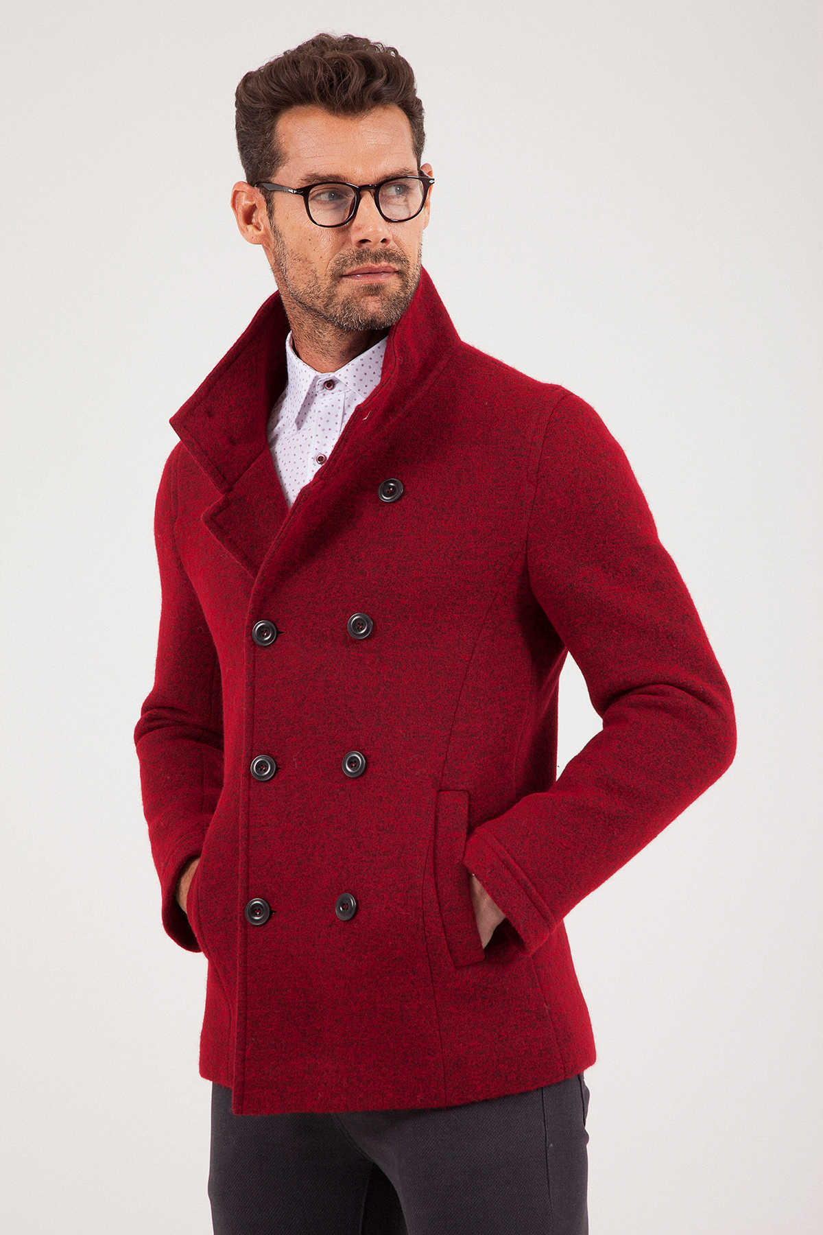 Slim Fit Notch Lapel Alpine Wool Gray Overcoat Red - MIB