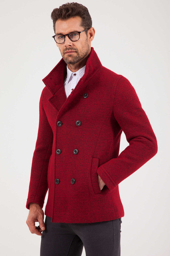 Slim Fit Notch Lapel Alpine Wool Gray Overcoat Red - MIB