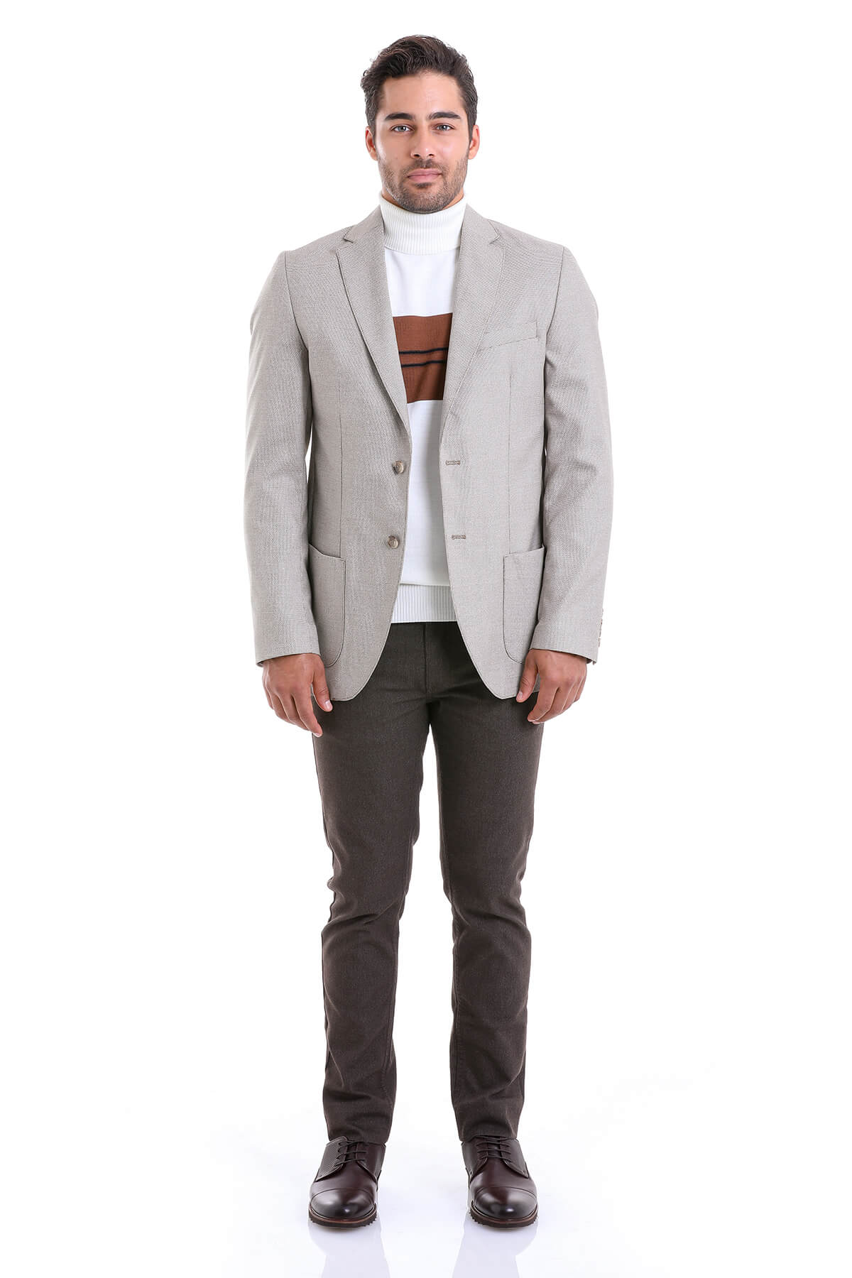 Slim Fit Notch Lapel Beige Casual Blazer - SAYKI