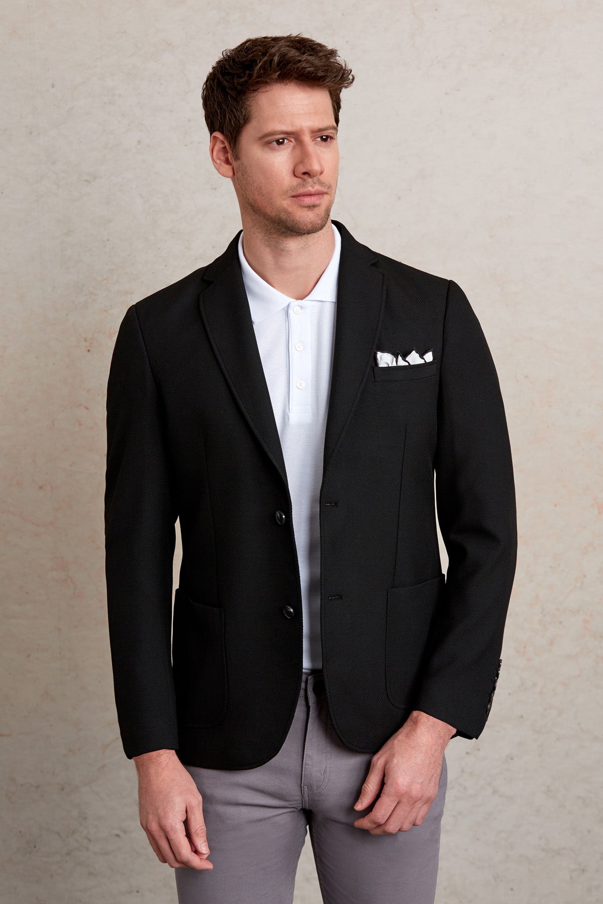 Slim Fit Notch Lapel Black Casual Blazer - SAYKI