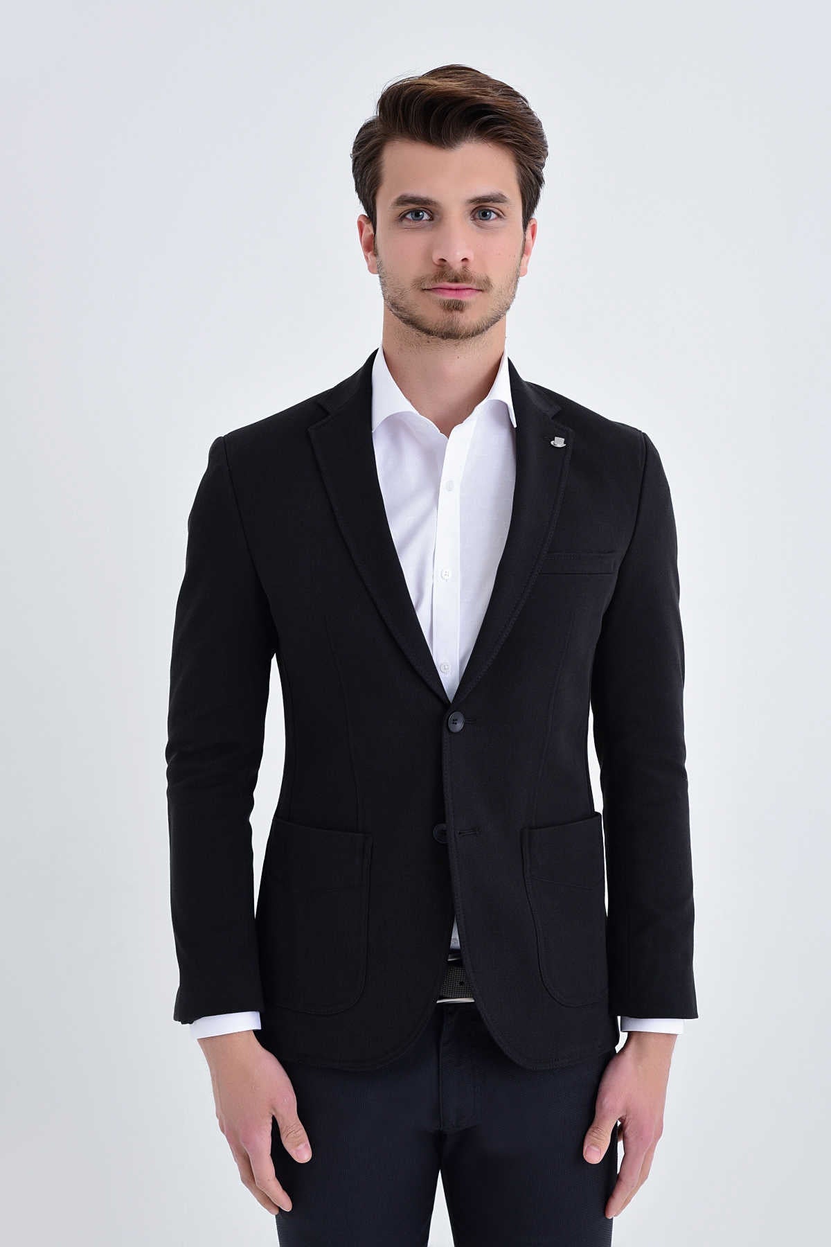 Slim Fit Notch Lapel Black Cotton Blend Casual Blazer