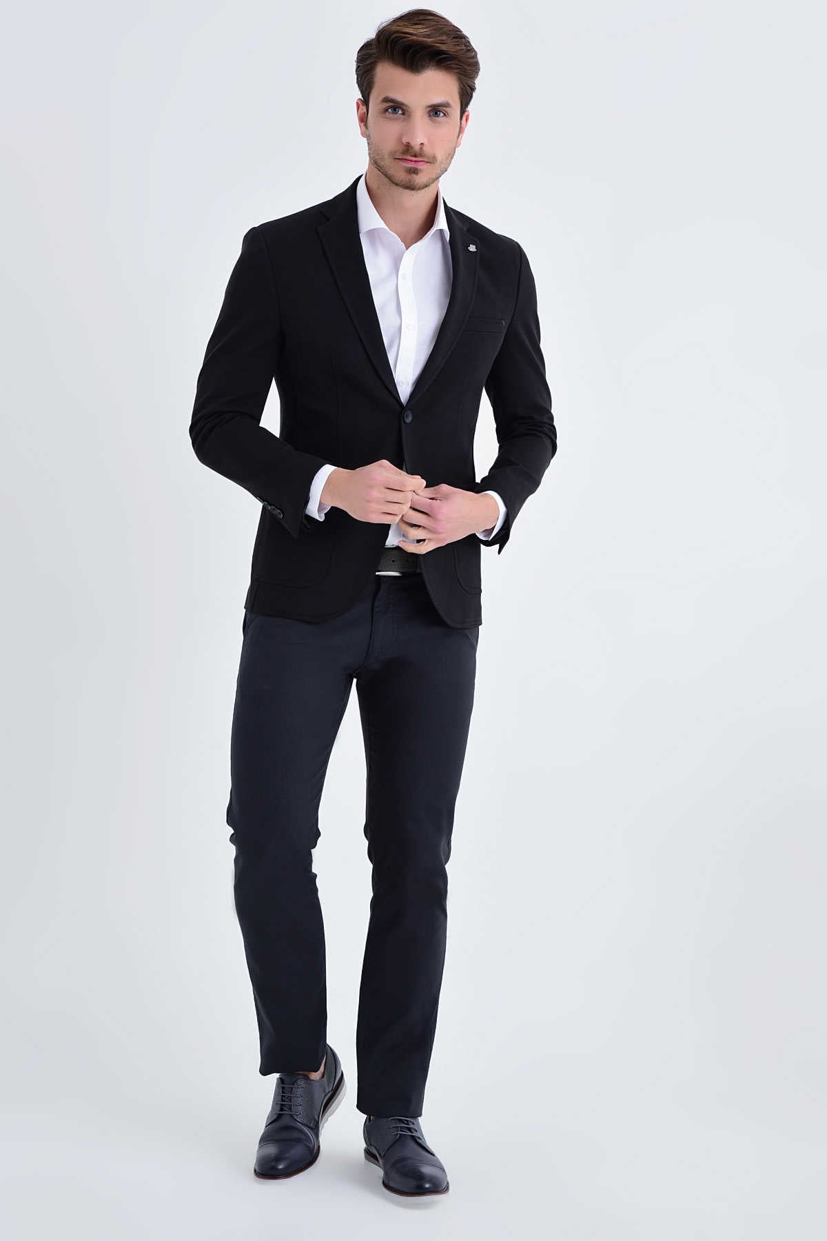 Slim Fit Notch Lapel Black Cotton Blend Casual Blazer