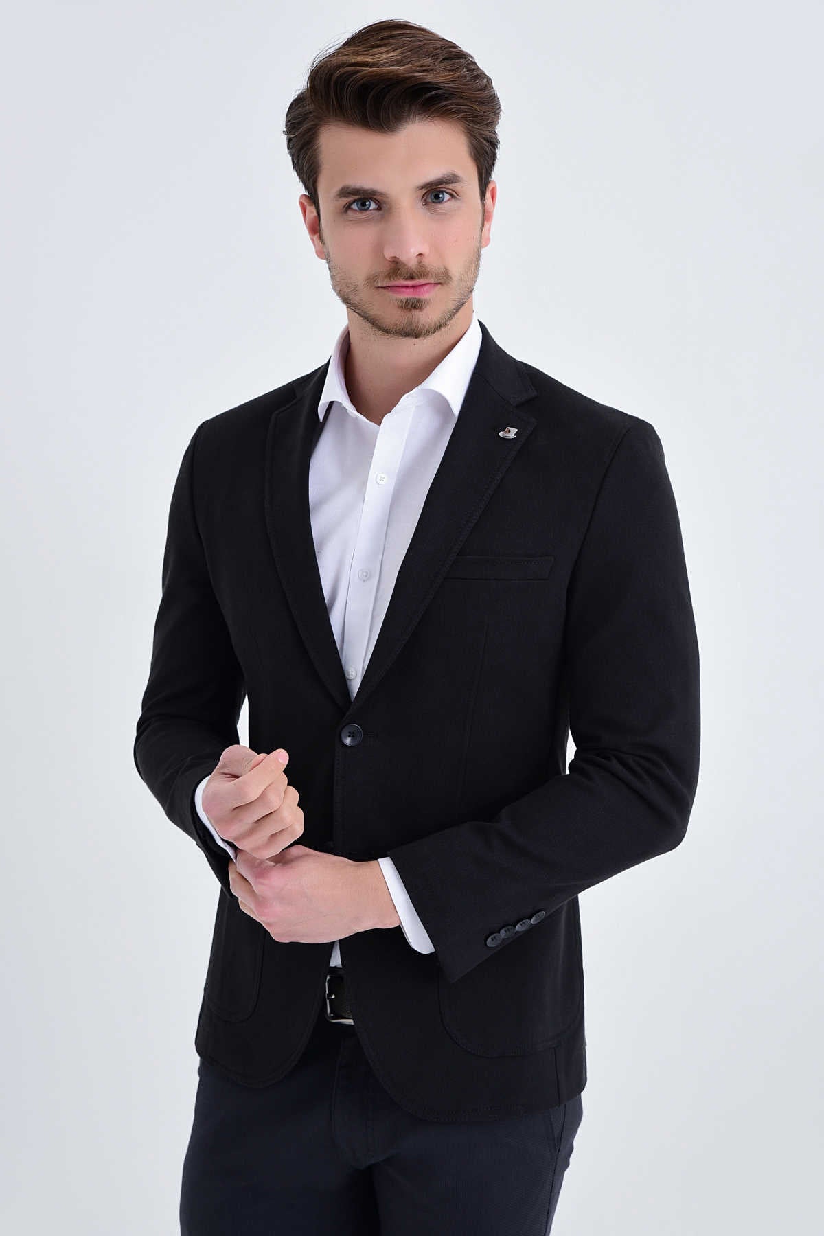 Slim Fit Notch Lapel Black Cotton Blend Casual Blazer