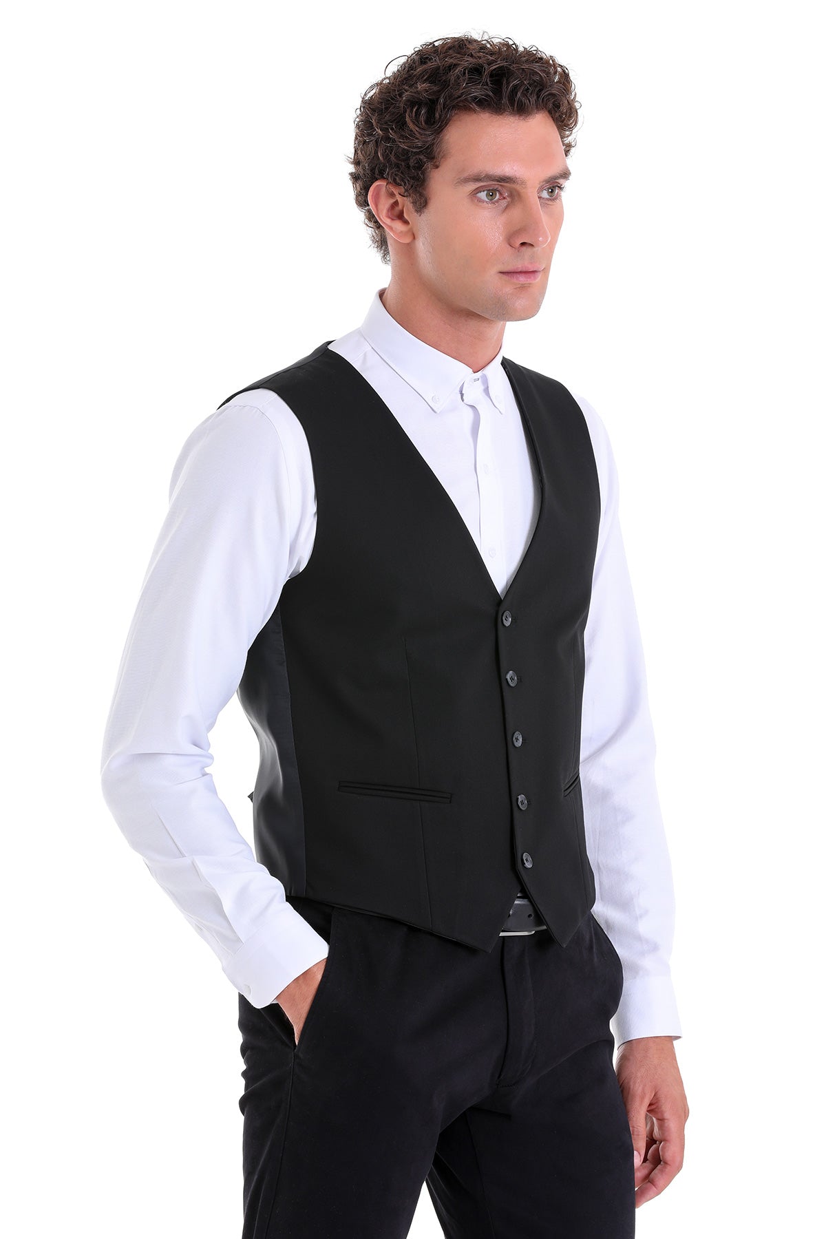 Slim Fit Notch Lapel Black Vest - MIB