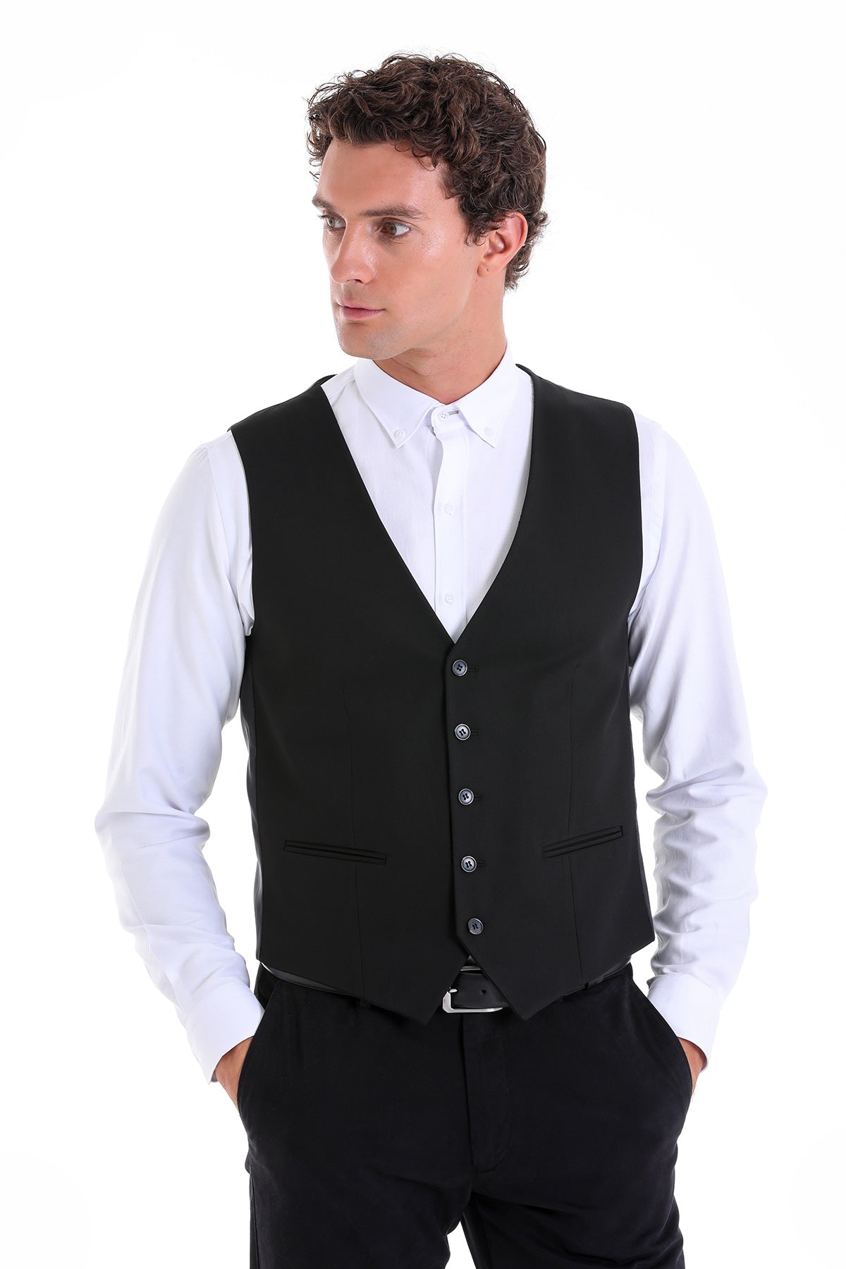 Slim Fit Notch Lapel Black Vest - MIB