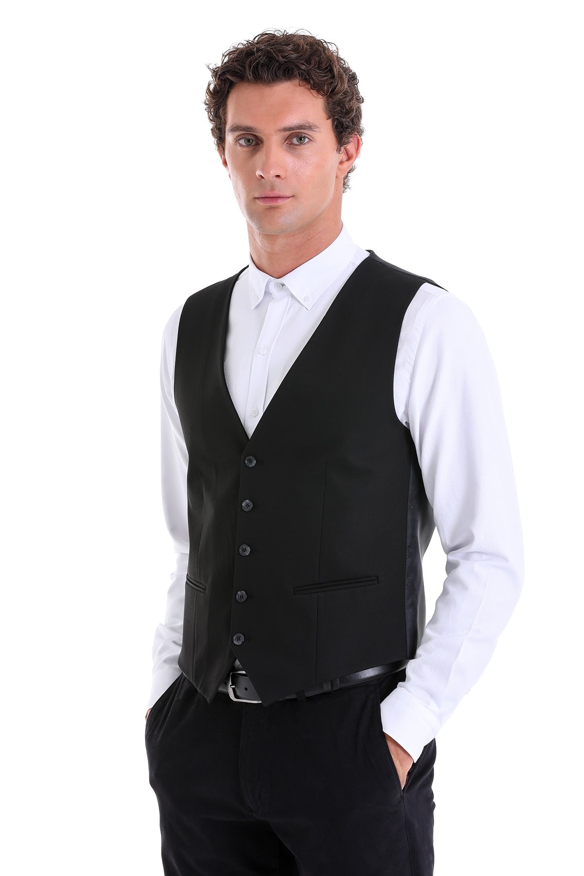 Slim Fit Notch Lapel Black Vest - MIB