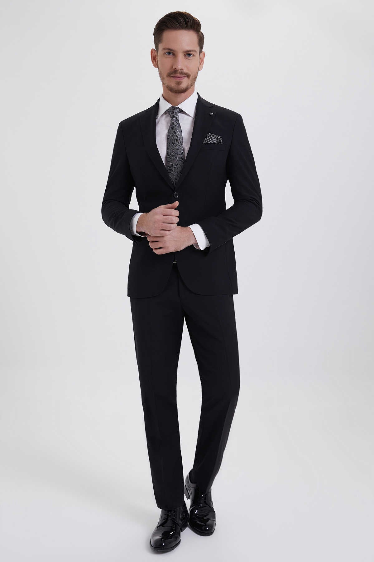 Slim Fit Notch Lapel Black Wool Blend Classic Suit - MIB