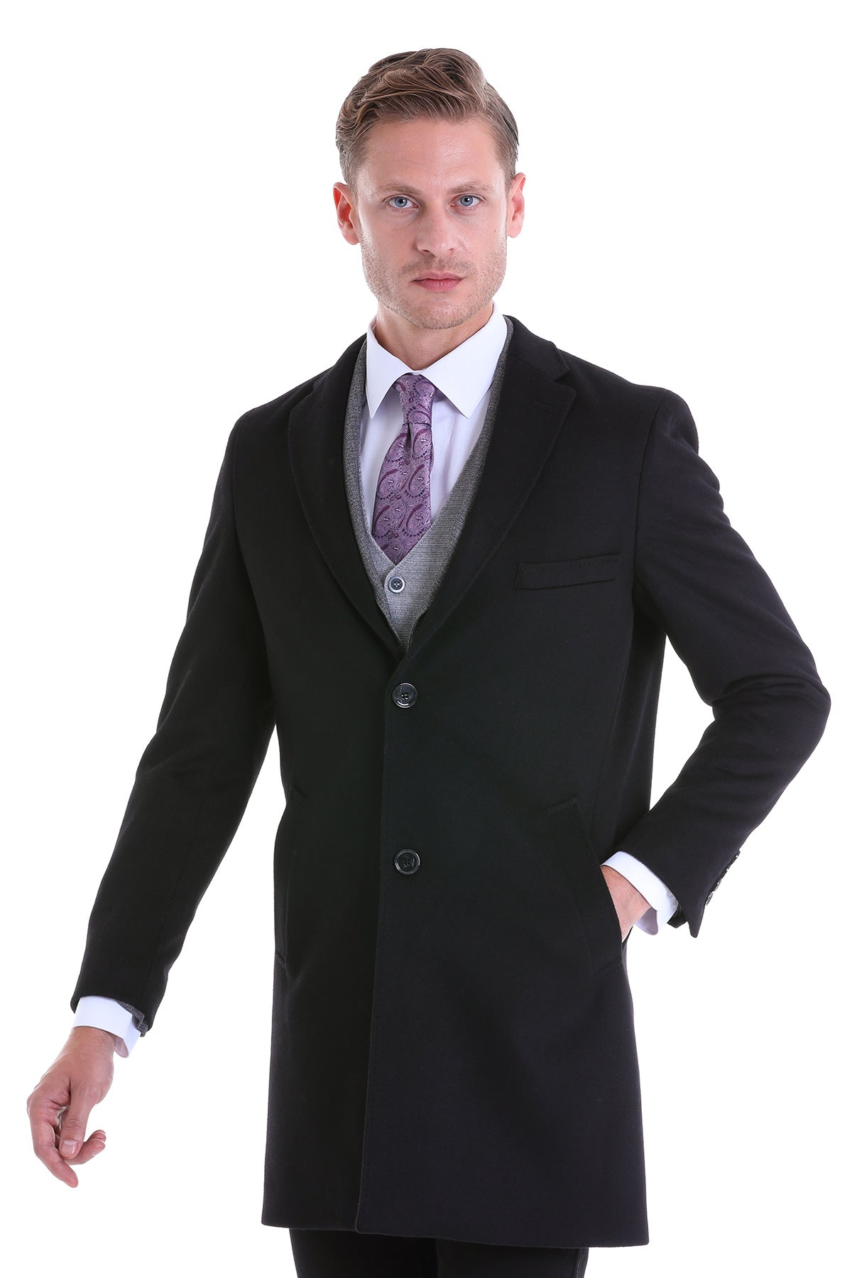 Slim Fit Notch Lapel Black Wool Blend Overcoat - SAYKI