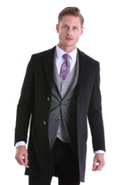 Slim Fit Notch Lapel Black Wool Blend Overcoat - SAYKI