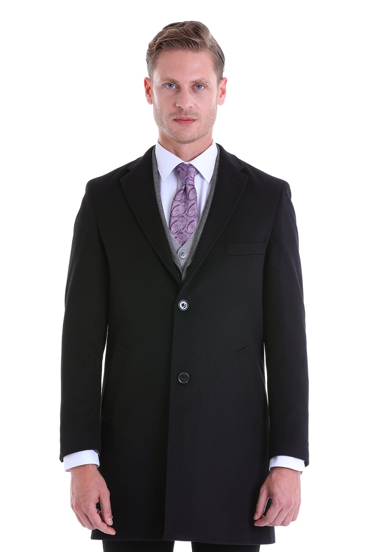 Slim Fit Notch Lapel Black Wool Blend Overcoat - SAYKI