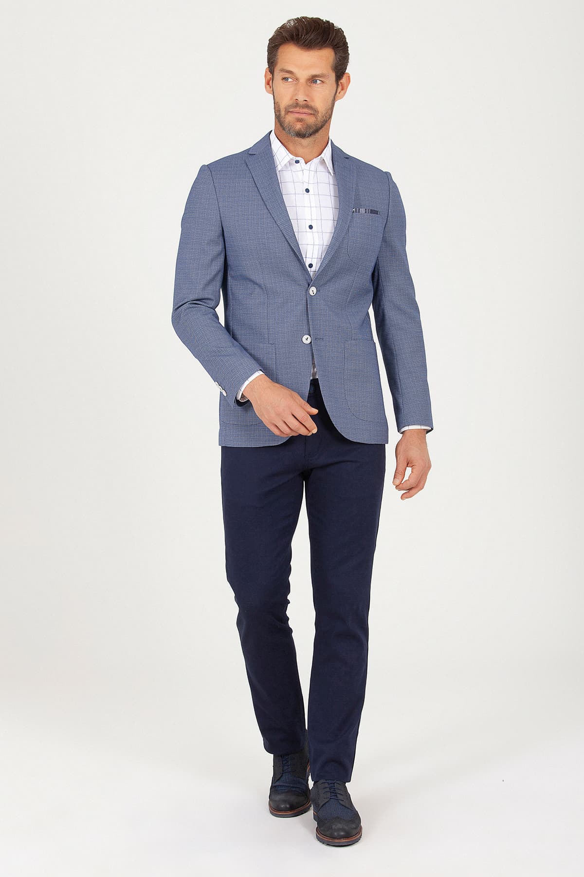 Slim Fit Notch Lapel Blue Casual Blazer - SAYKI