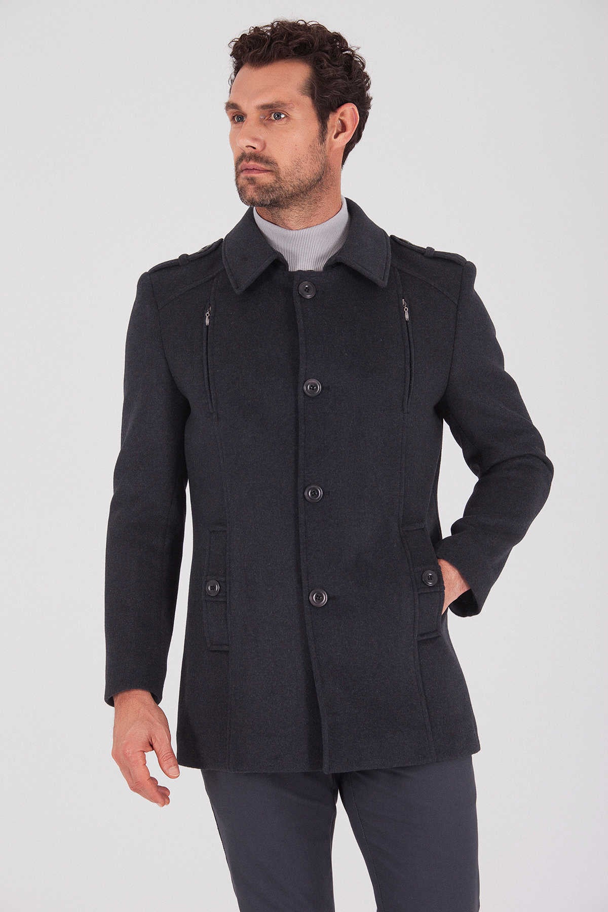 Slim Fit Notch Lapel Bond Wool Charcoal Overcoat Charcoal