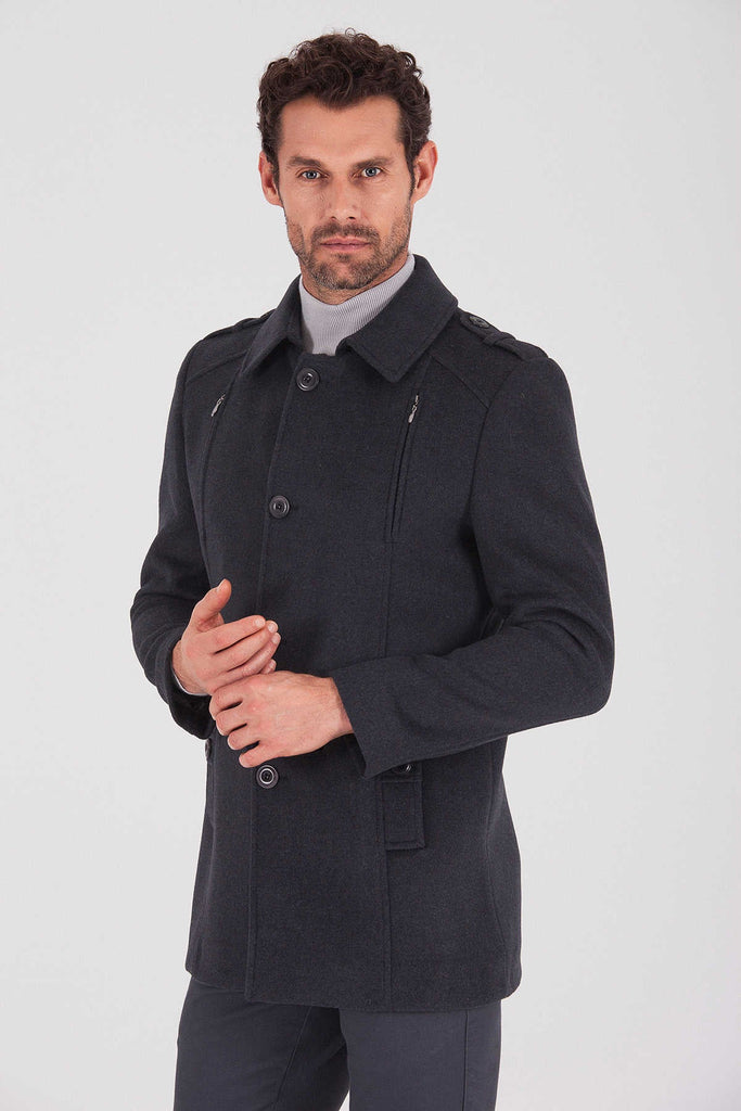 Slim Fit Notch Lapel Bond Wool Charcoal Overcoat Charcoal