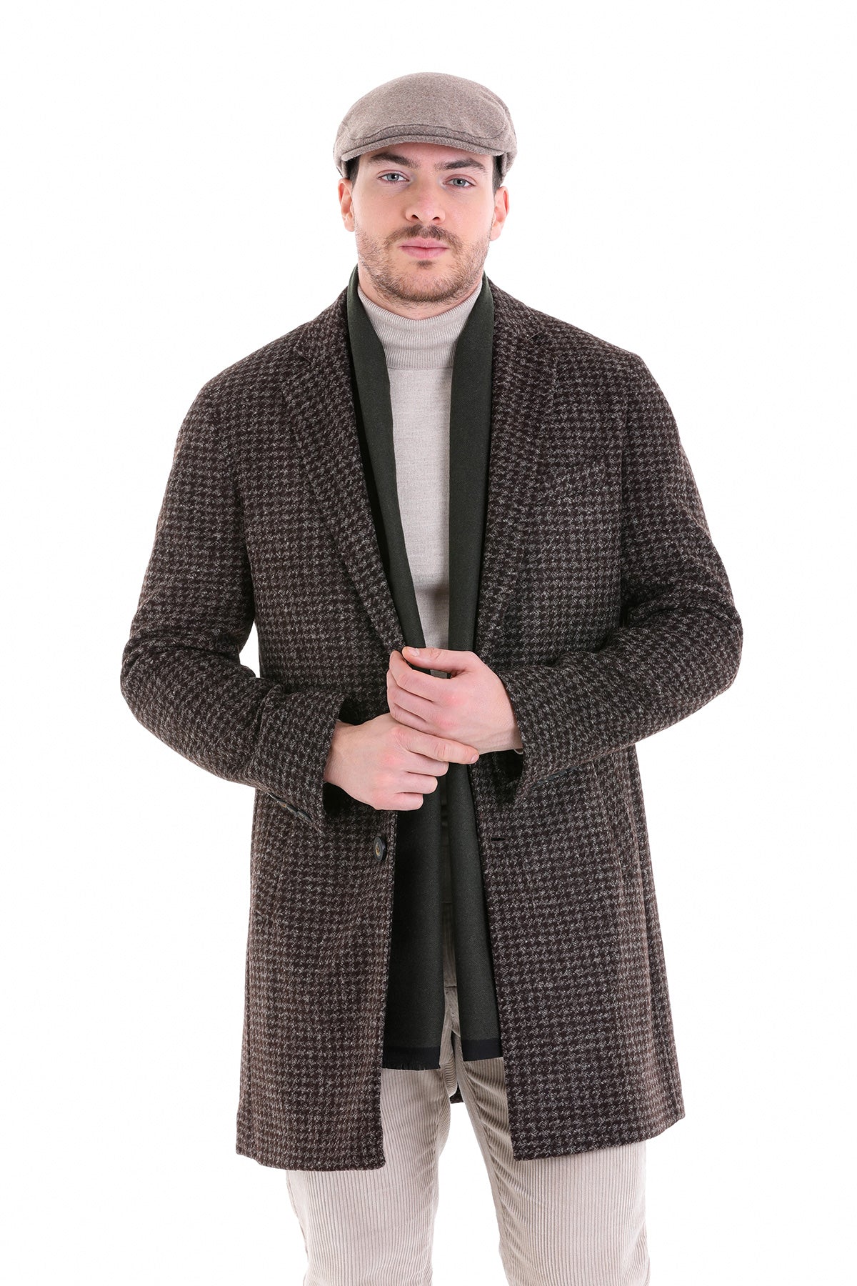 Slim Fit Notch Lapel Brown Houndstooth Wool Blend Overcoat