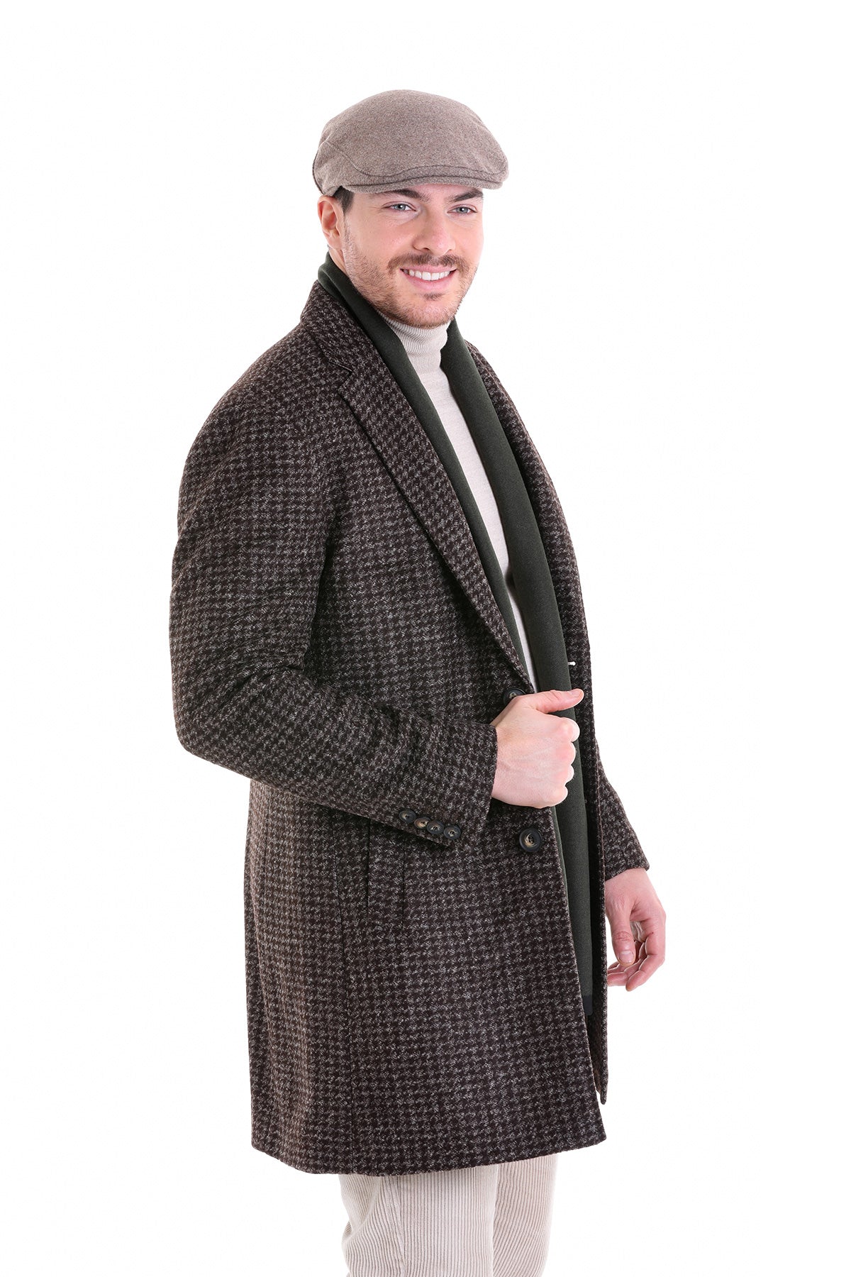 Slim Fit Notch Lapel Brown Houndstooth Wool Blend Overcoat