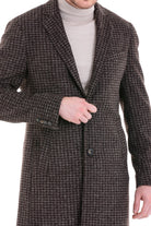 Slim Fit Notch Lapel Brown Houndstooth Wool Blend Overcoat