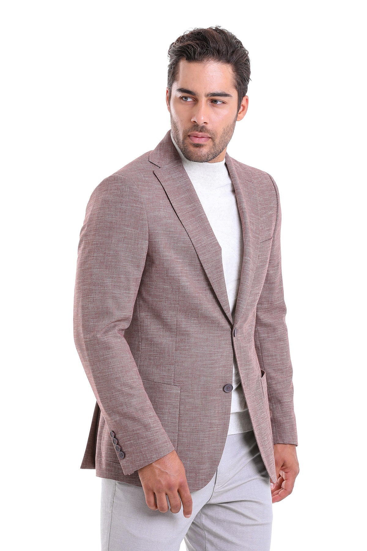 Slim Fit Notch Lapel Burgundy Linen Casual Blazer - SAYKI