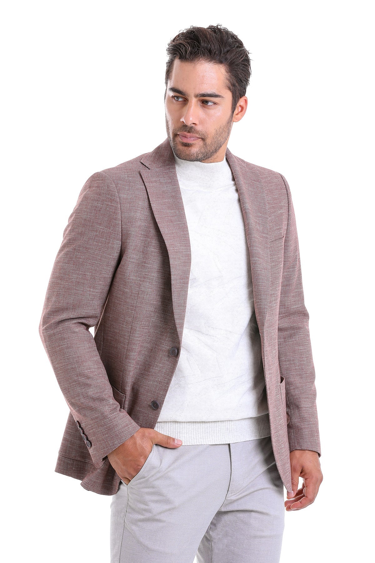 Slim Fit Notch Lapel Burgundy Linen Casual Blazer - SAYKI