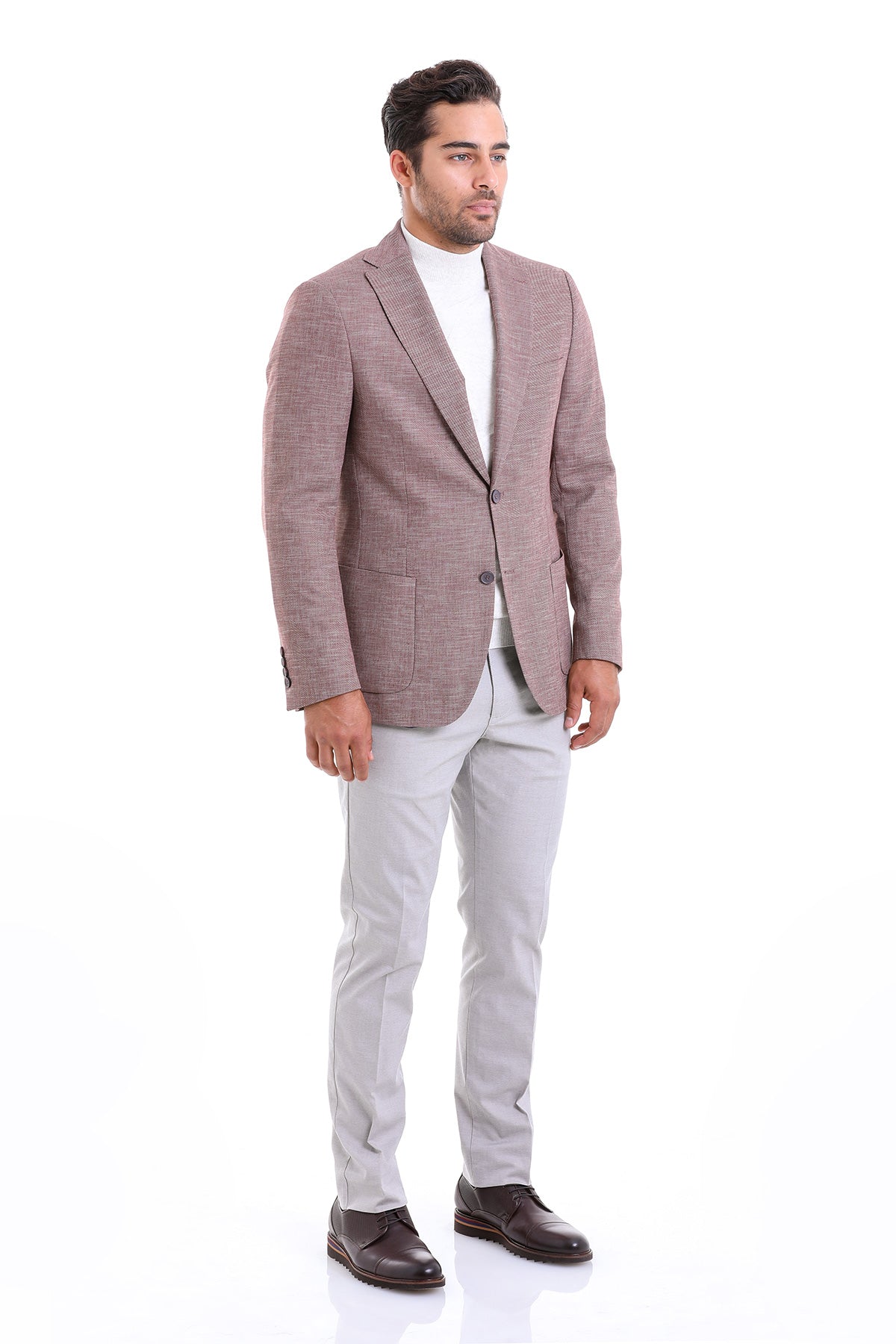 Slim Fit Notch Lapel Burgundy Linen Casual Blazer - SAYKI