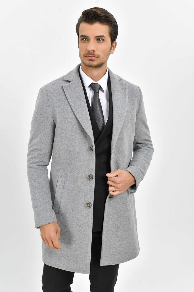 Slim Fit Notch Lapel Cashmere Gray Overcoat Gray - MIB