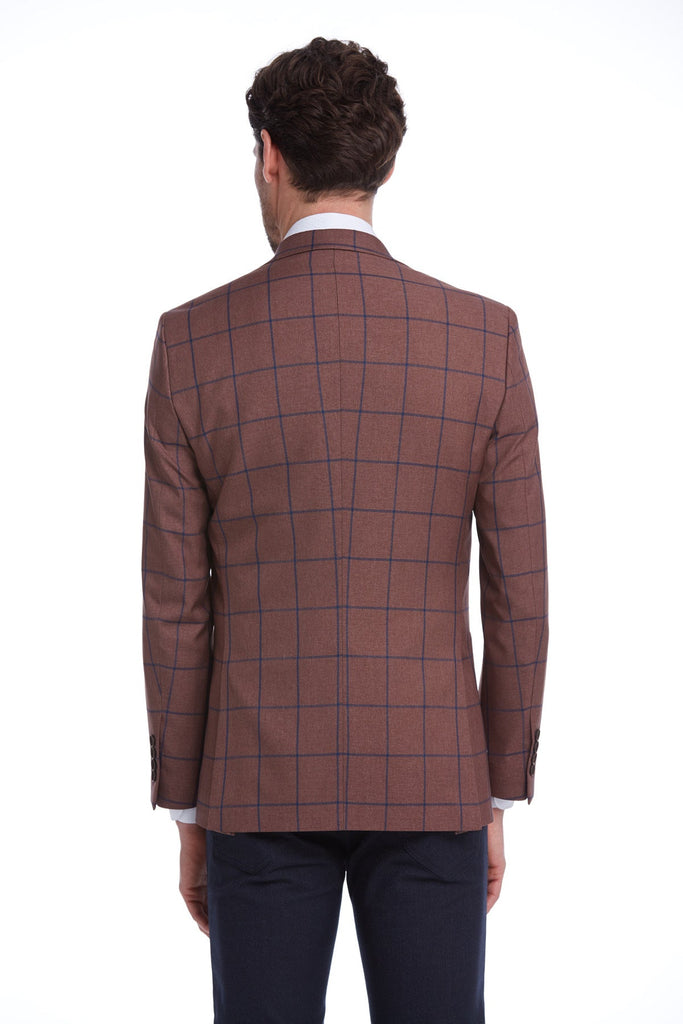 Slim Fit Notch Lapel Checked Brick Classic Blazer - SAYKI