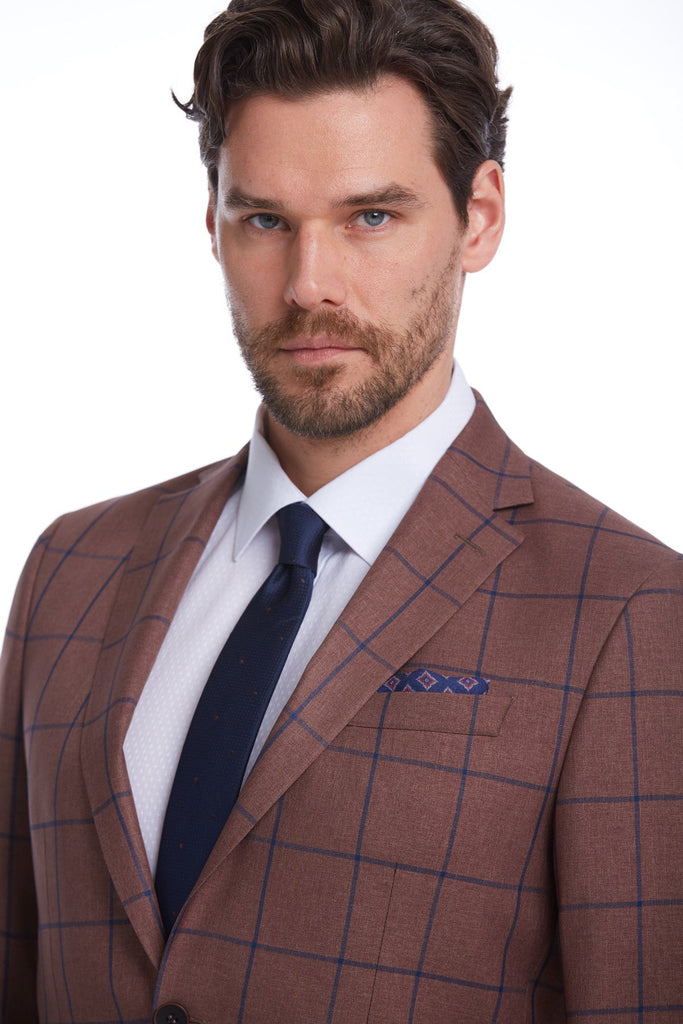 Slim Fit Notch Lapel Checked Brick Classic Blazer - SAYKI