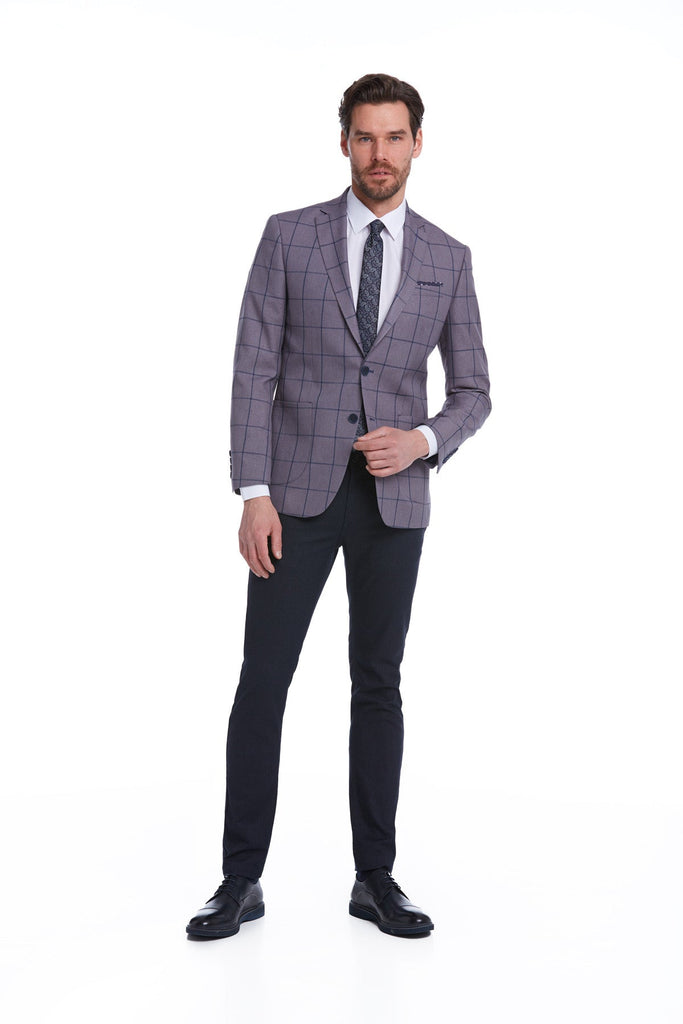 Slim Fit Notch Lapel Checked Brick Classic Blazer - SAYKI